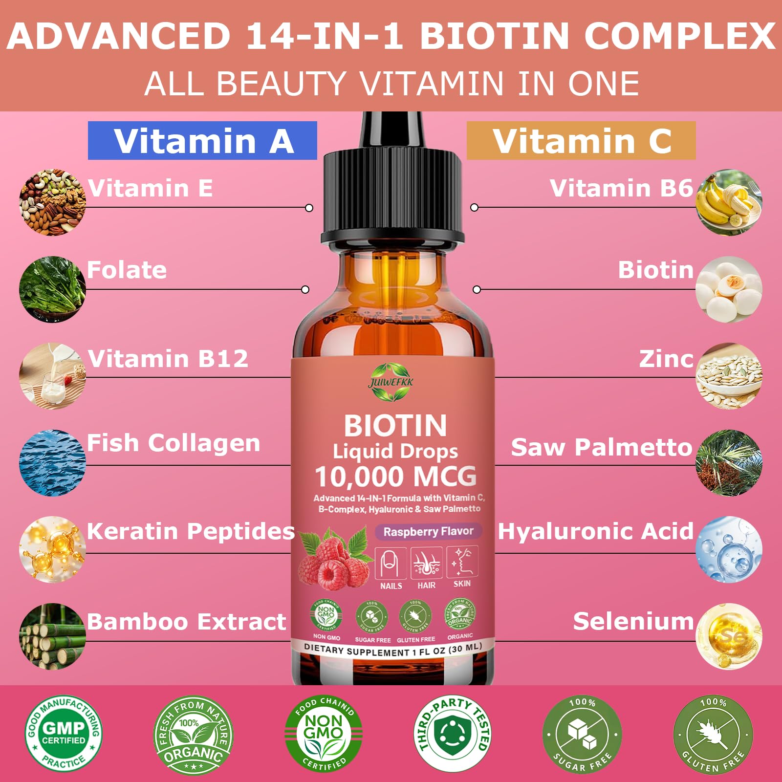 Pure Biotin 10000mcg Liquid Drop Optimal Solutions Hair Skin & Nails Vitamins Support w. Collagen Keratin Hyaluronic Acid Saw Palmetto, Biotin(Vitamin B7) for Hair Growth & Cellular Energy JUIWEFKK buy supplements canada