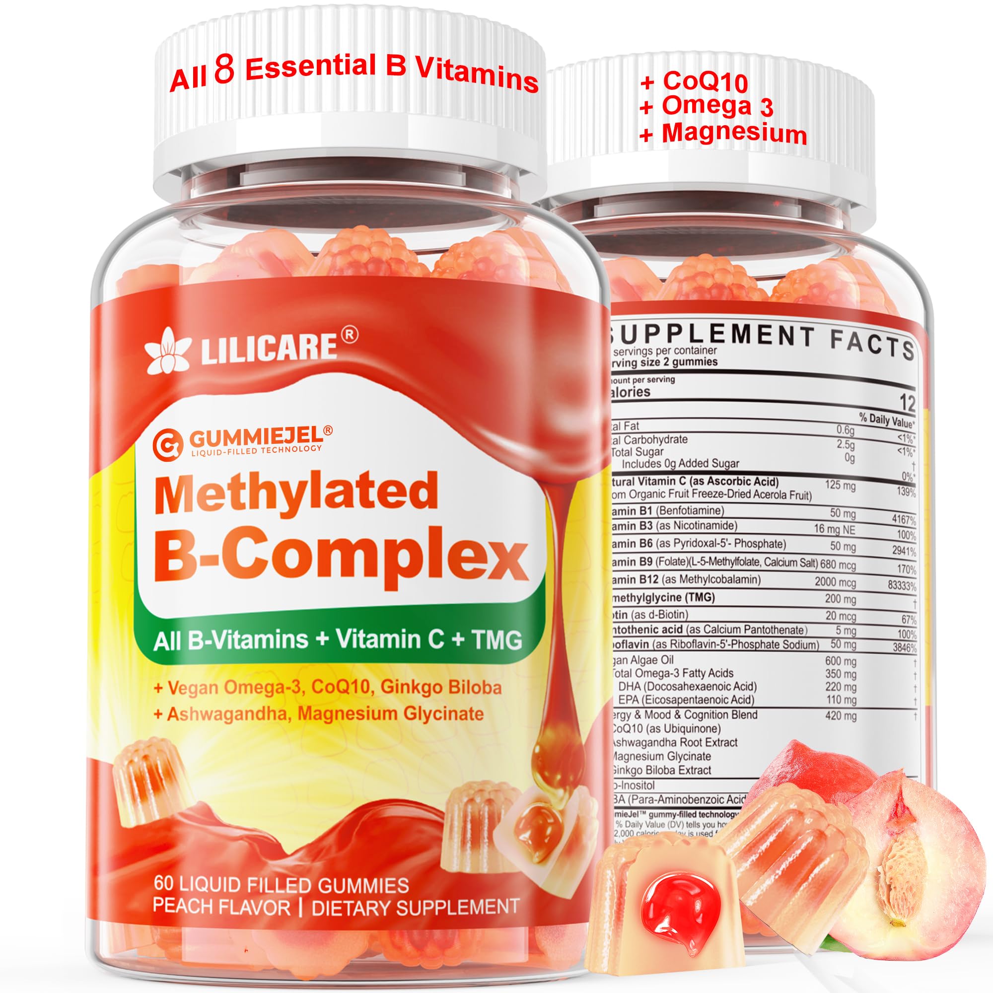 Super Methylated Vitamin B Complex Gummies - All B Vitamins + Omega-3, Magnesium, CoQ10, Ashwagandha,Vitamin C, TMG- For Women Men- Methyl B12 2000 mcg, Methylfolate LILICARE buy supplements canada