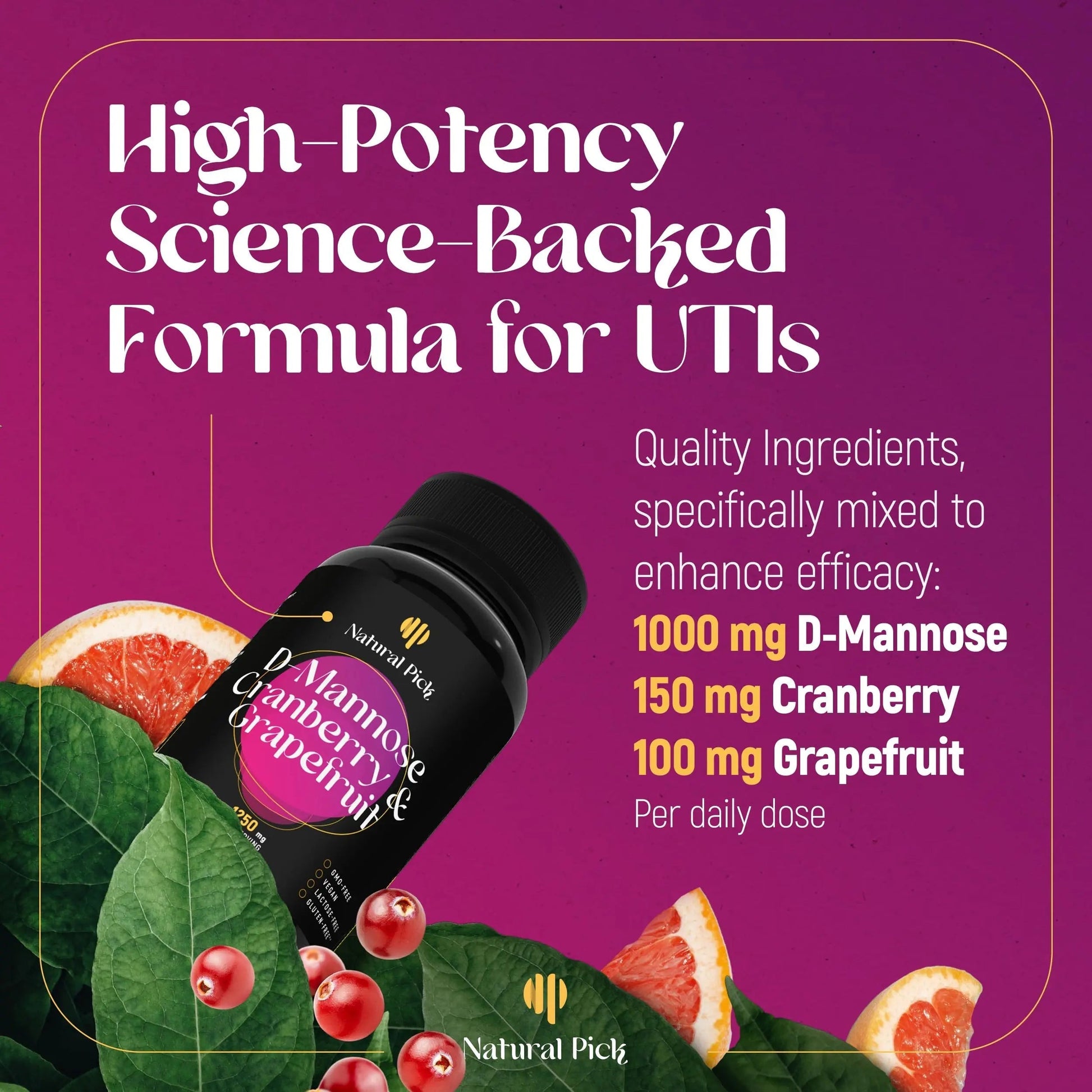 Natural Pick D-Mannose - Cranberry & Grapefruit – Cranberry Pills, UTI Treatment and Fast Relief for Women | Urinary Tract & Bladder Support. 90 Vegan Capsules, D mannose Supplements for Women Natural Pick buy supplements canada
