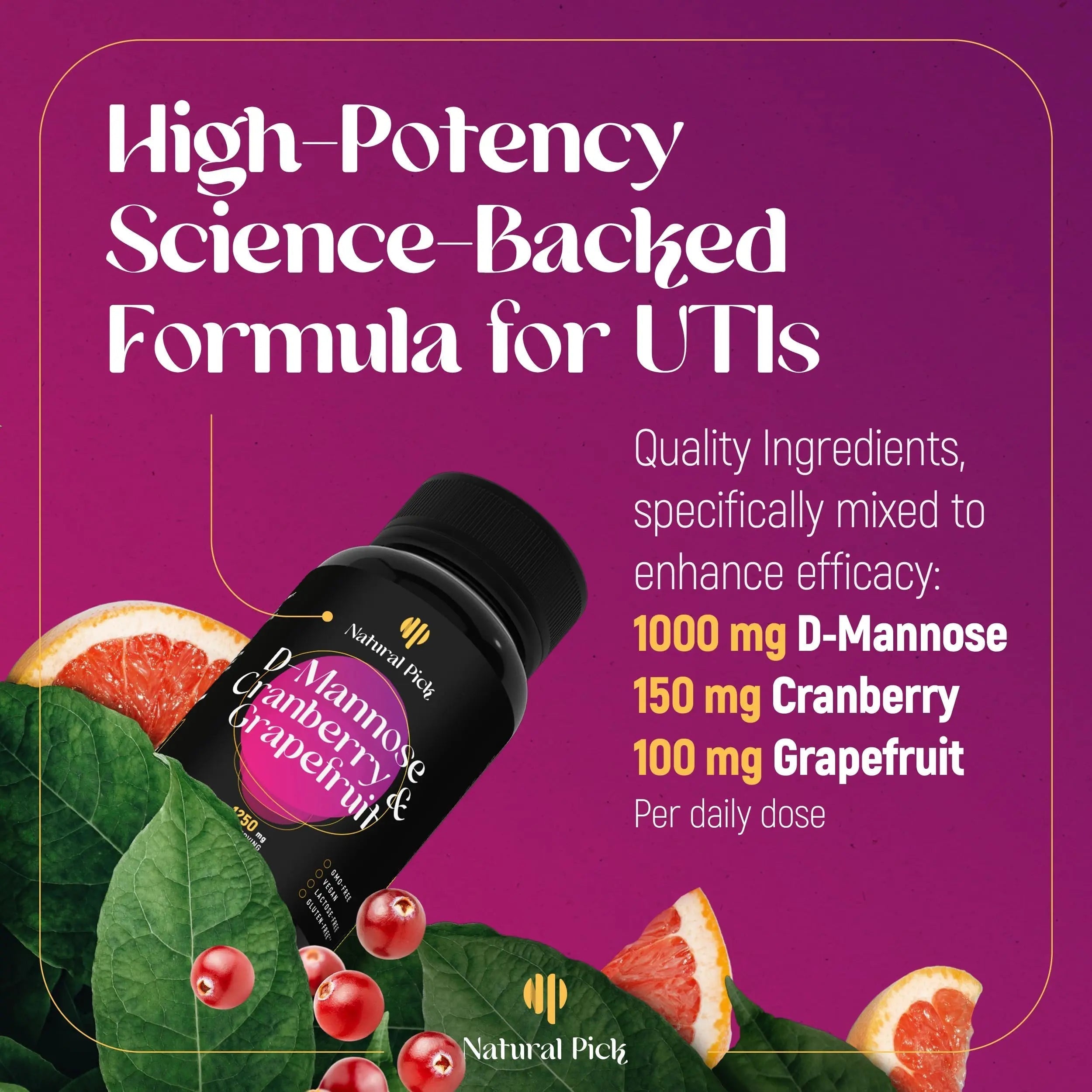 Natural Pick D-Mannose - Cranberry & Grapefruit – Cranberry Pills, UTI Treatment and Fast Relief for Women | Urinary Tract & Bladder Support. 90 Vegan Capsules, D mannose Supplements for Women Natural Pick buy supplements canada