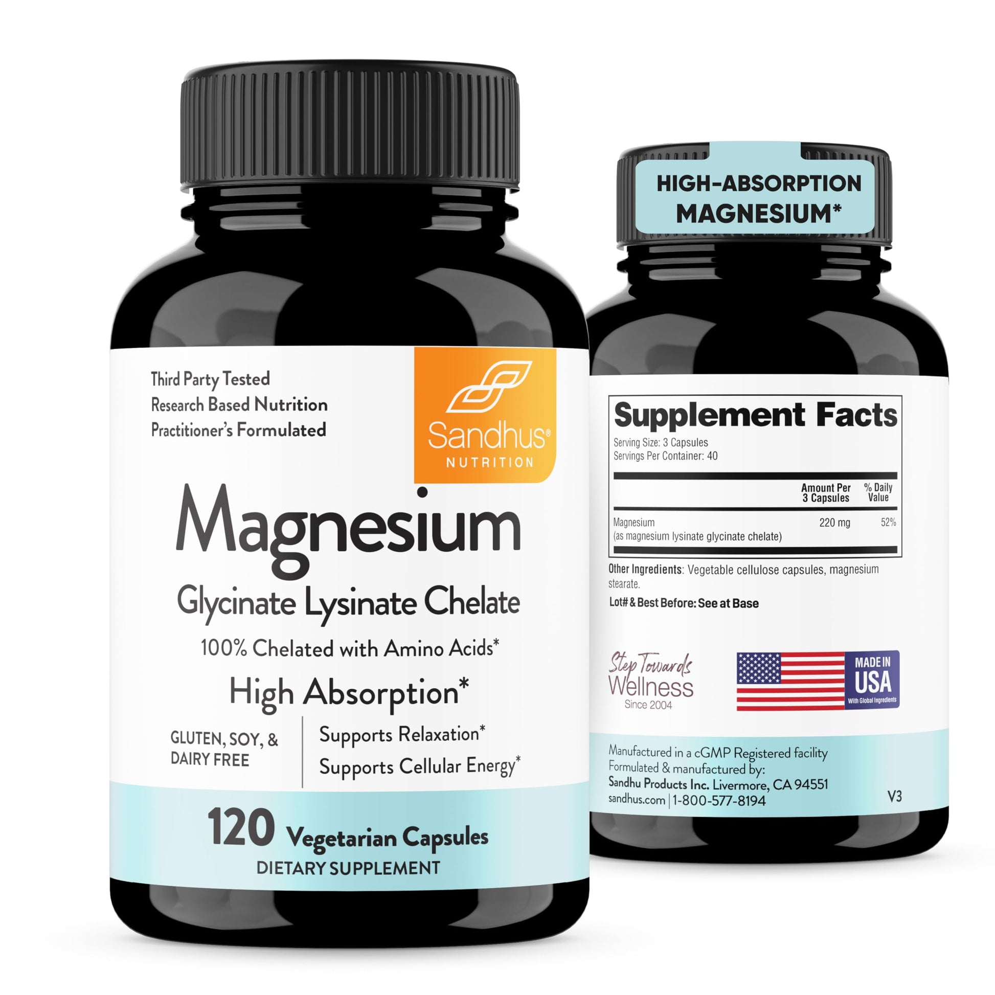 Sandhu's Magnesium Glycinate Lysinate | 120 Easy to Swallow Chelated Vegan Capsules | Magnesium Lysine Chelate Supplement for High Absorption | for Best Sleep, Leg Cramps, Relaxation Sandhu's buy supplements canada