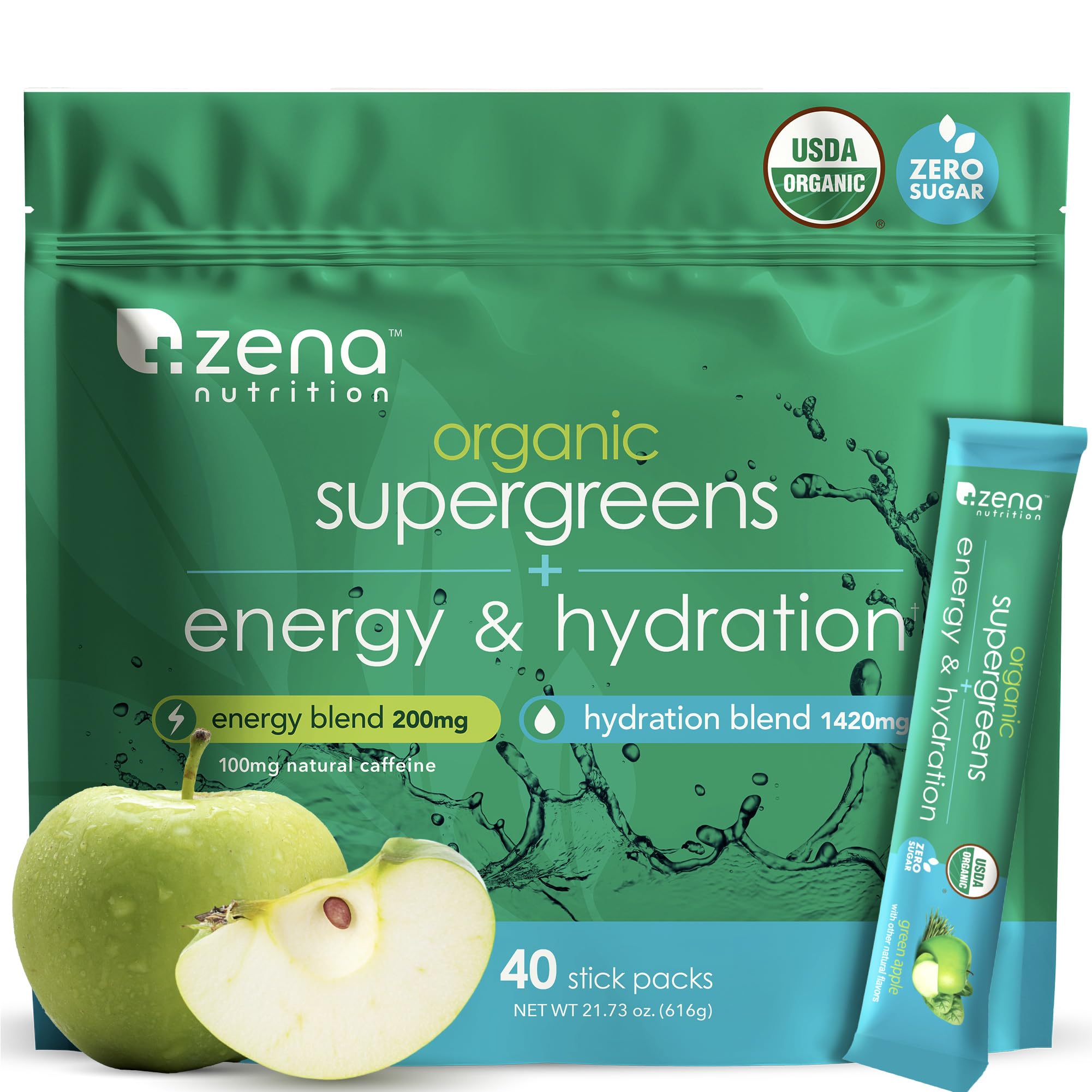 Zena Nutrition Organic Super Greens Energy & Hydration Powder, 70+ Superfoods, 0 Sugar, 5G Fiber, Spirulina, Chlorella, Prebiotics/Probiotics, Natural Caffeine + Electrolytes, 40 Drink Mix Packets Zena Nutrition buy supplements canada
