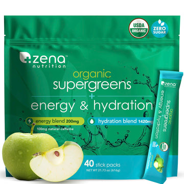 Zena Nutrition Organic Super Greens Energy & Hydration Powder, 70+ Superfoods, 0 Sugar, 5G Fiber, Spirulina, Chlorella, Prebiotics/Probiotics, Natural Caffeine + Electrolytes, 40 Drink Mix Packets Zena Nutrition buy supplements canada