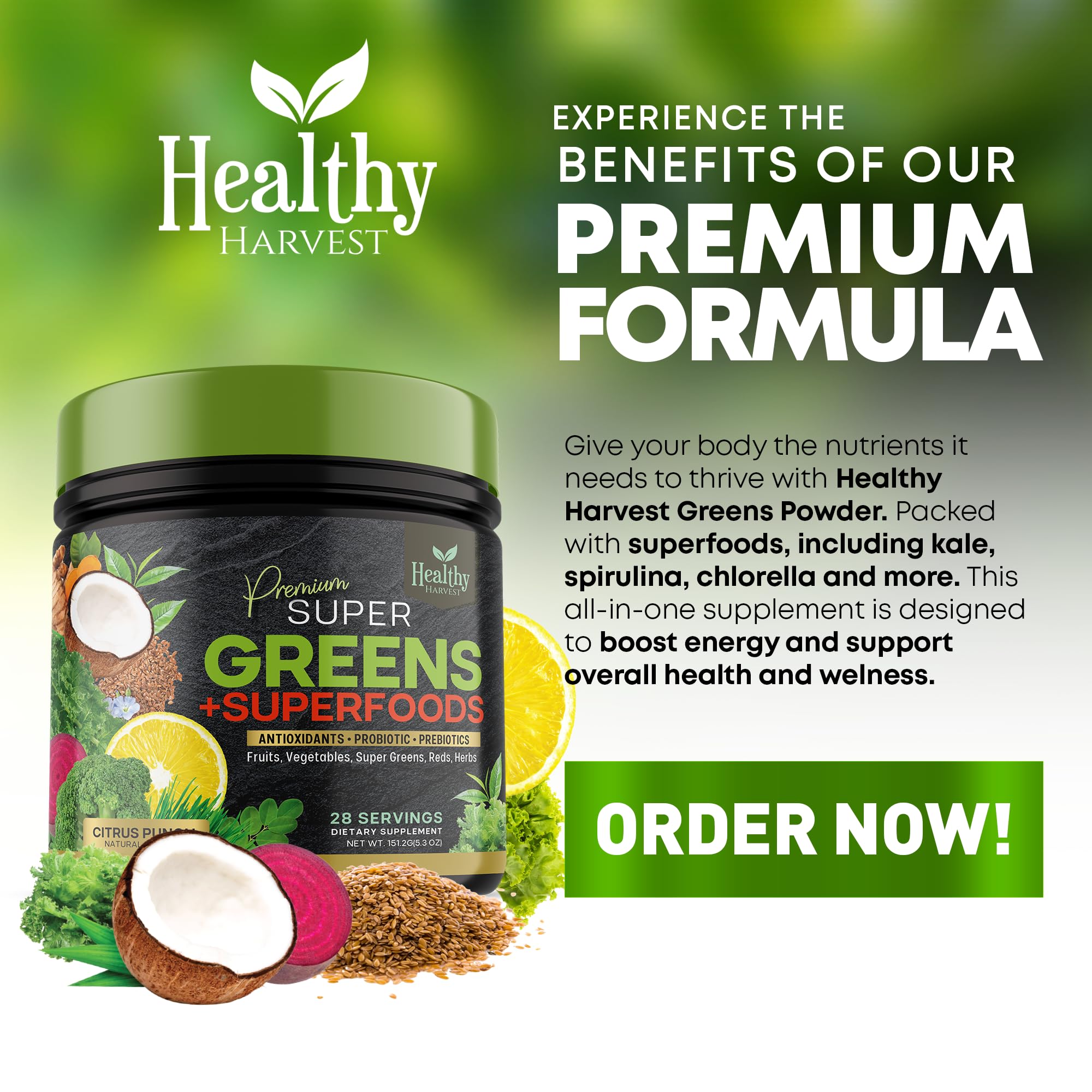 Greens Powder Superfood Supplement - Super Green Reds Smoothie Mix Blend with Spirulina Healthy Harvest Nutrition buy supplements canada