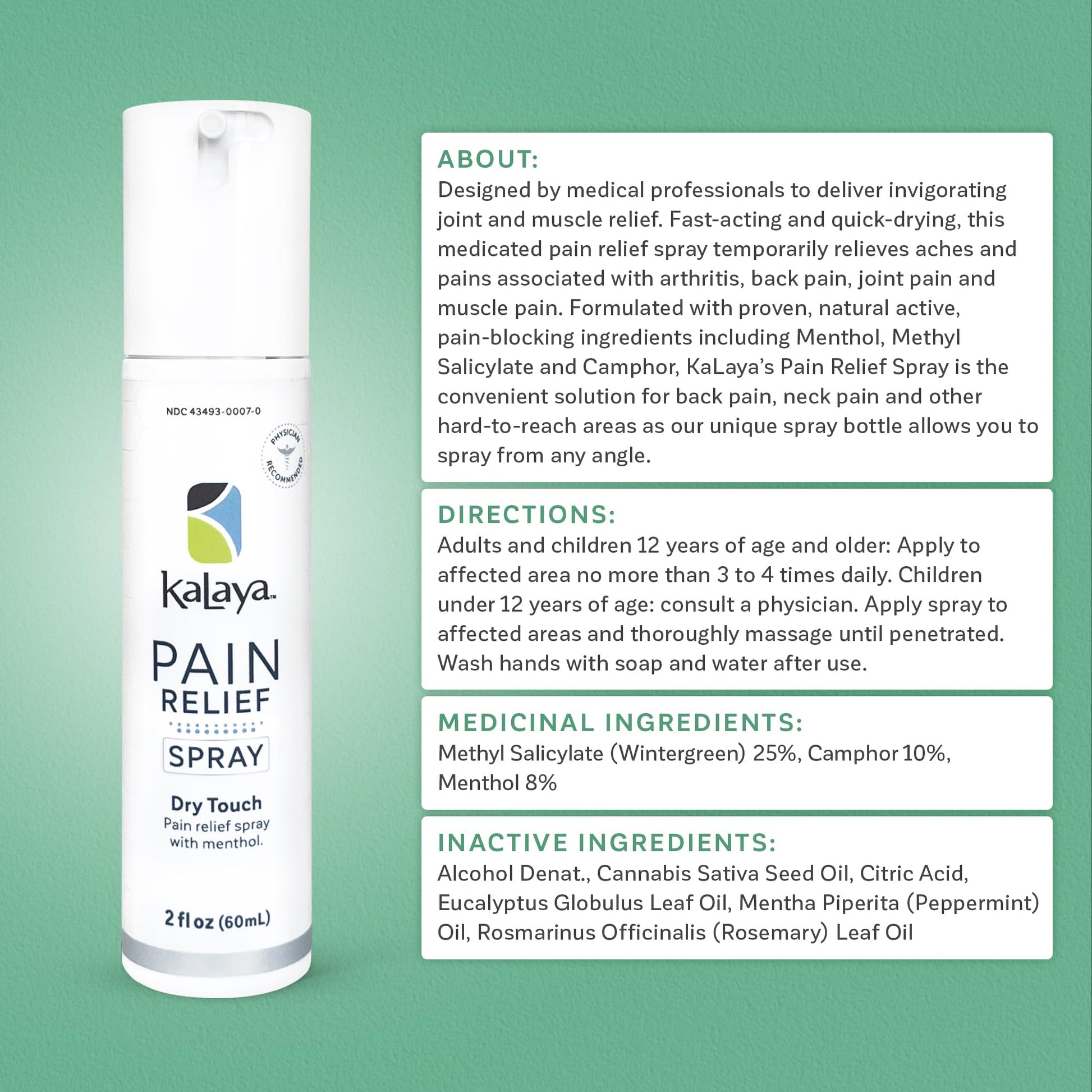 Kalaya Pain Relief Spray - Fast-Acting, Quick-Drying Muscle Rub for Joint Pain Relief and Muscle Pain - with Eucalyptus, Menthol, Methyl Salicylate, Camphor - Ideal for Easing Back Pain - 2 oz Kalaya Naturals buy supplements canada