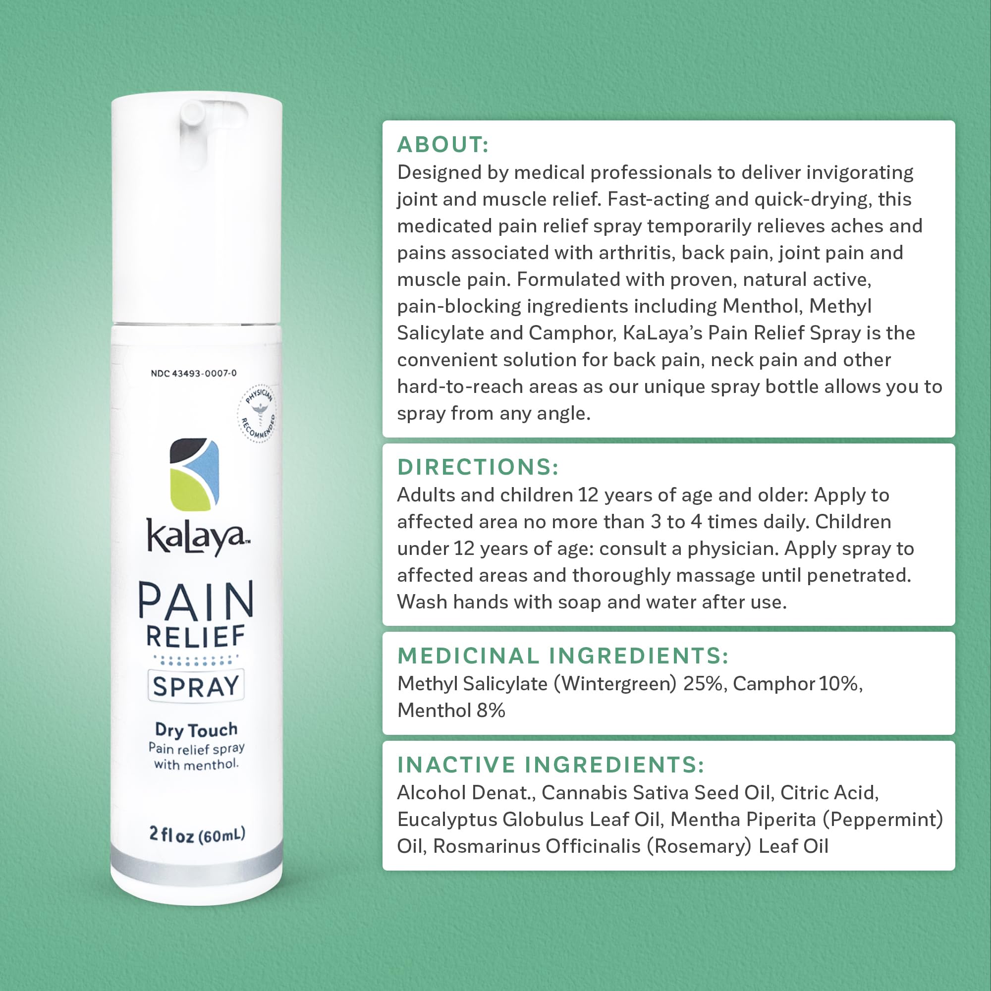 Kalaya Pain Relief Spray - Fast-Acting, Quick-Drying Muscle Rub for Joint Pain Relief and Muscle Pain - with Eucalyptus, Menthol, Methyl Salicylate, Camphor - Ideal for Easing Back Pain - 2 oz Kalaya Naturals buy supplements canada