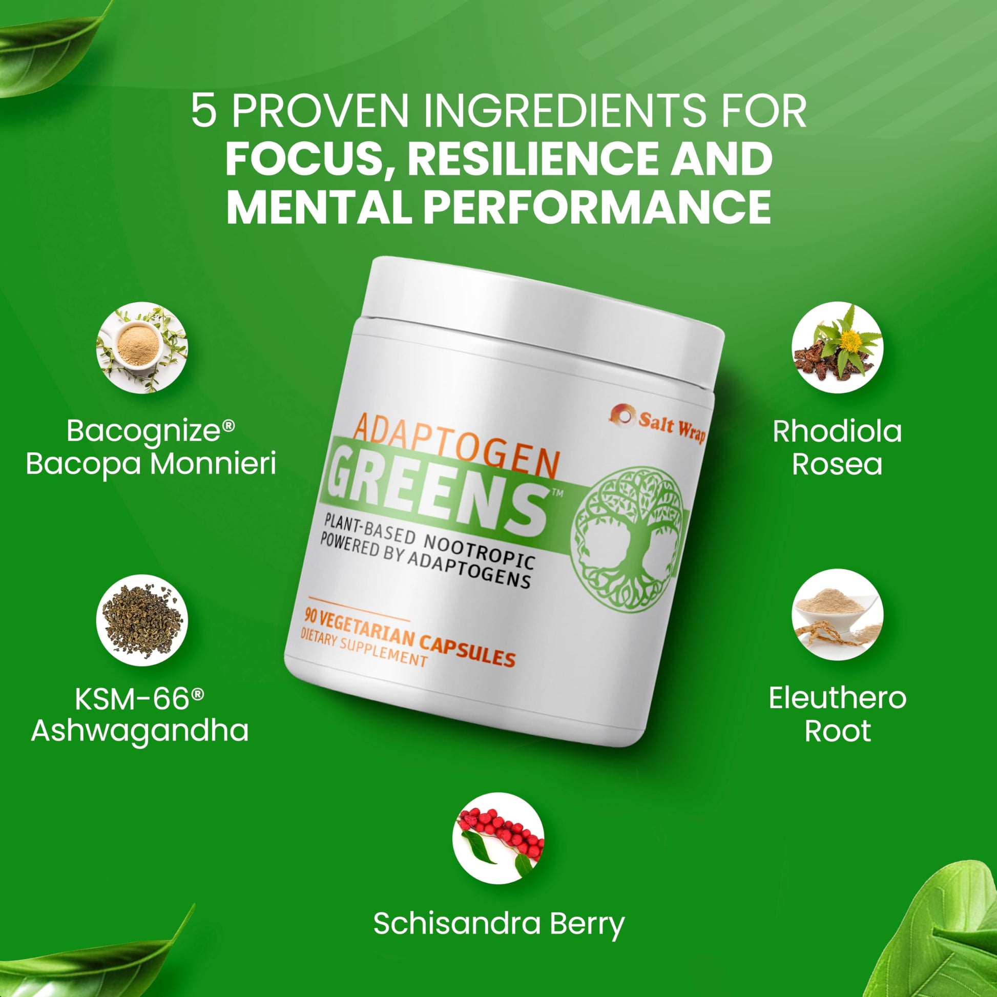 SaltWrap Adaptogen Greens - Mind-Body Resilience Formula - Caffeine-Free Nootropic for Stress, Focus, and Cognitive Performance - 90 Capsules SaltWrap buy supplements canada