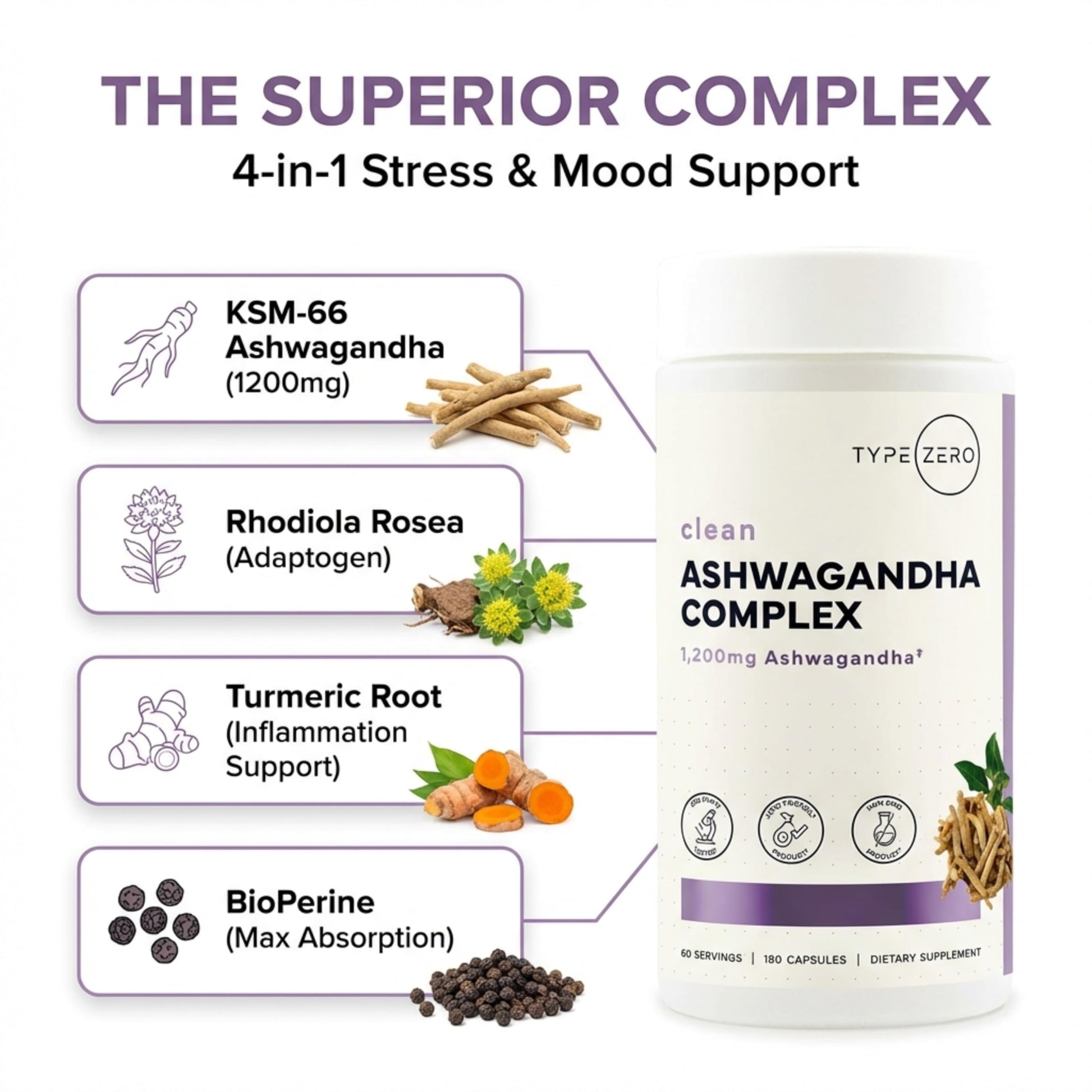 Type Zero KSM-66 Ashwagandha Root Extract 1,200mg, 60 Servings - High Potency 5% Withanolides - with Turmeric, Rhodiola Rosea and BioPerine Black Pepper Extract - 180 Veggie Caps Type Zero buy supplements canada