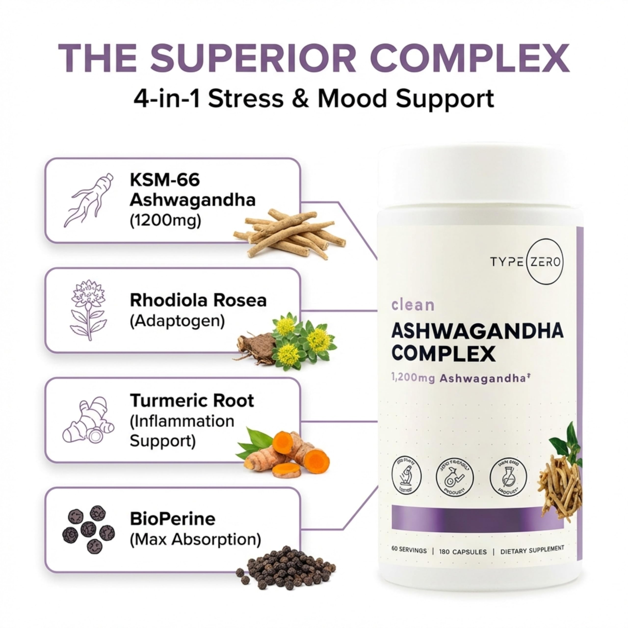 Type Zero KSM-66 Ashwagandha Root Extract 1,200mg, 60 Servings - High Potency 5% Withanolides - with Turmeric, Rhodiola Rosea and BioPerine Black Pepper Extract - 180 Veggie Caps Type Zero buy supplements canada