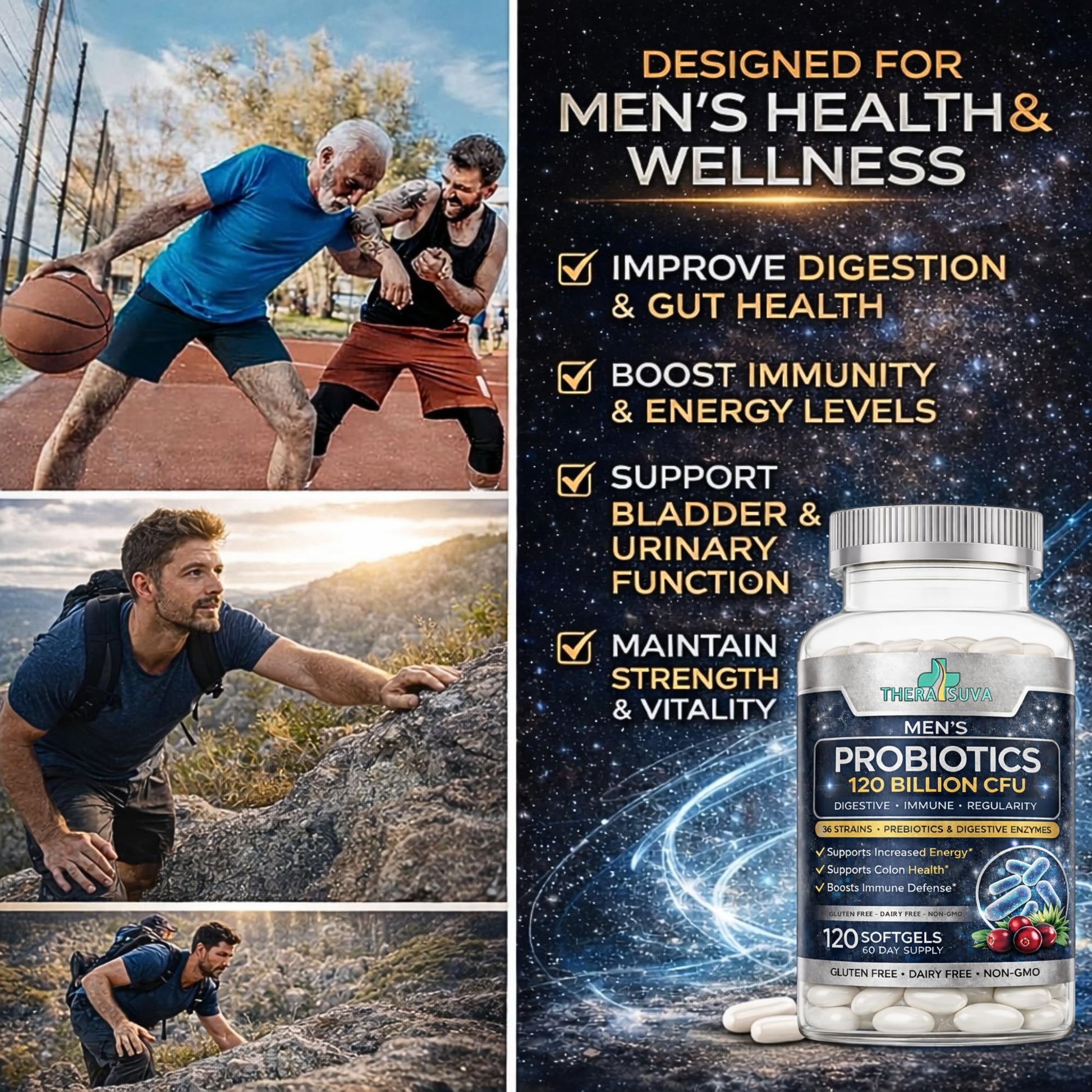 Men’s Advanced Probiotics 120 Billion CFU - 36 Strains + Prebiotics, Enzymes & Veggie Blend for Gut, Immune & Colon Health - 2 Month Supply, 120 Softgels TheraSuva buy supplements canada
