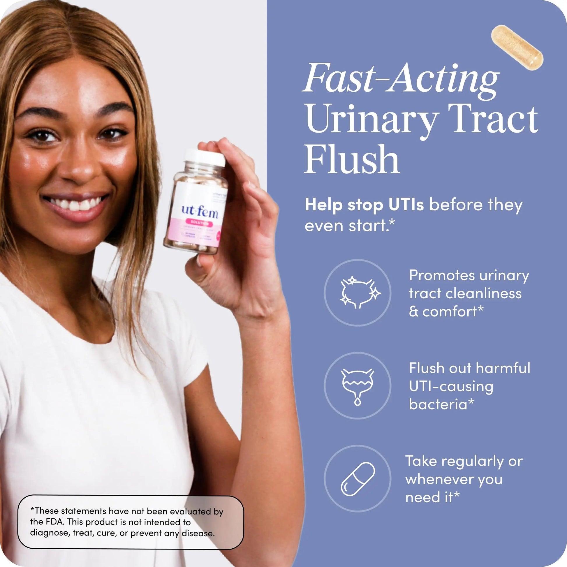 UT-Fem Solution - Fast-Acting Urinary Tract Flush for Women, Proactive UTI Support, Promotes Cleansing & Comfort, Clinical-Strength D-Mannose, Cranberry, and Natural Ingredients - 60 Vegan Capsules UT-Fem buy supplements canada