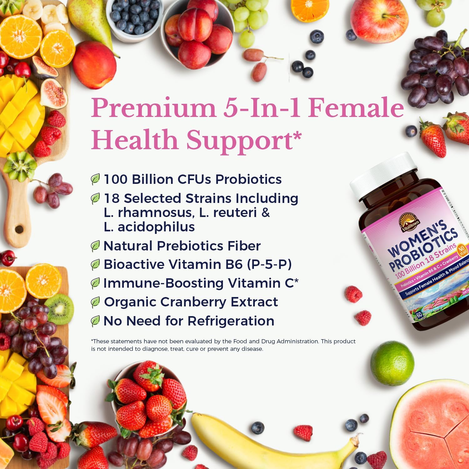 Vitalitown Women's Probiotics | 100 Billion CFUs 18 Strains | Prebiotics, VC & B6, Cranberry | Shelf Stable | Vaginal, Urinary Vitalitown buy supplements canada