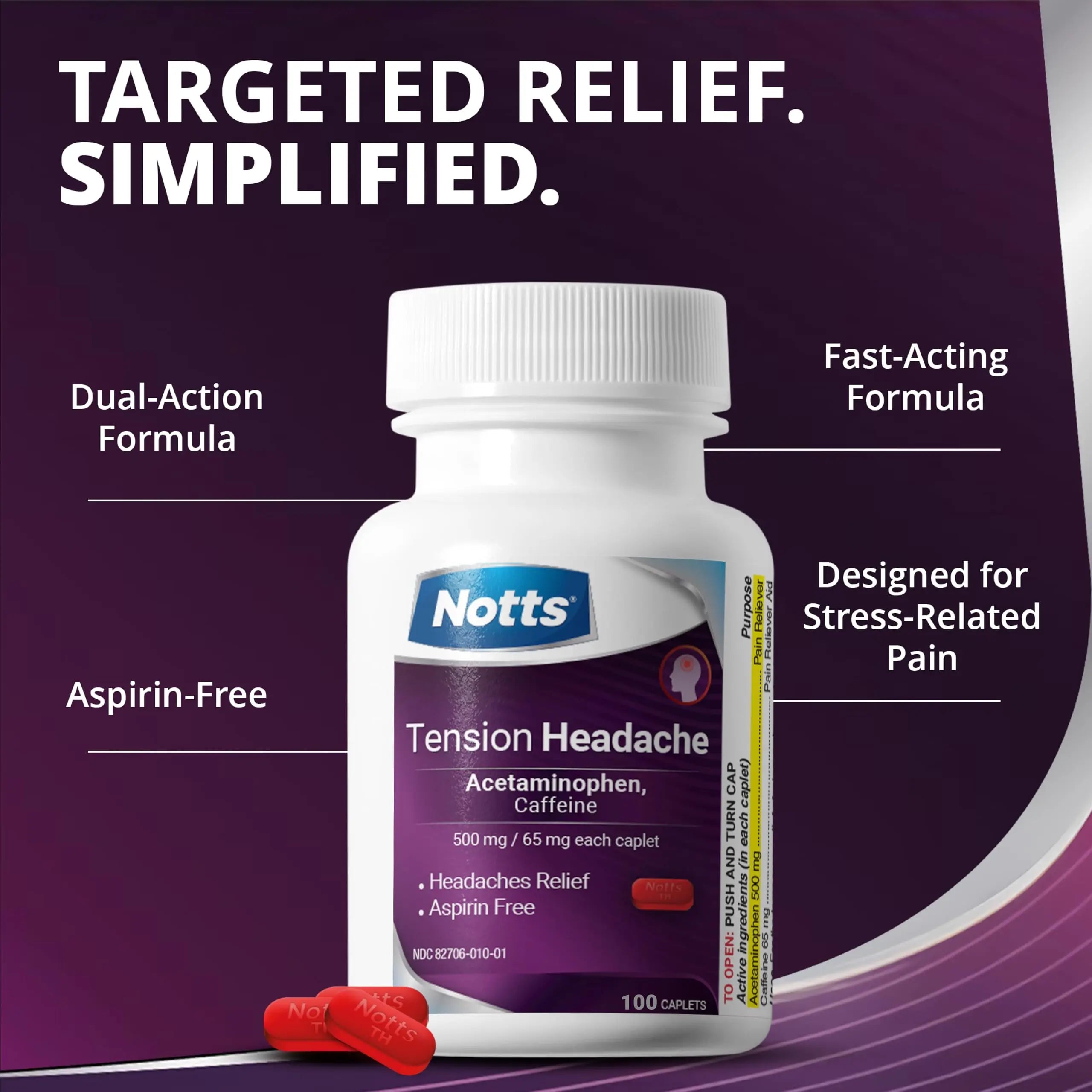 NOTTS Tension Headache Relief Without Aspirin for Head, Neck & Shoulder Pain - 100 Count, Acetaminophen 500 mg Caffeine 65 mg Caplets, for Aches Caused by Tension and Stress. Headache Relief caplets NOTTS buy supplements canada