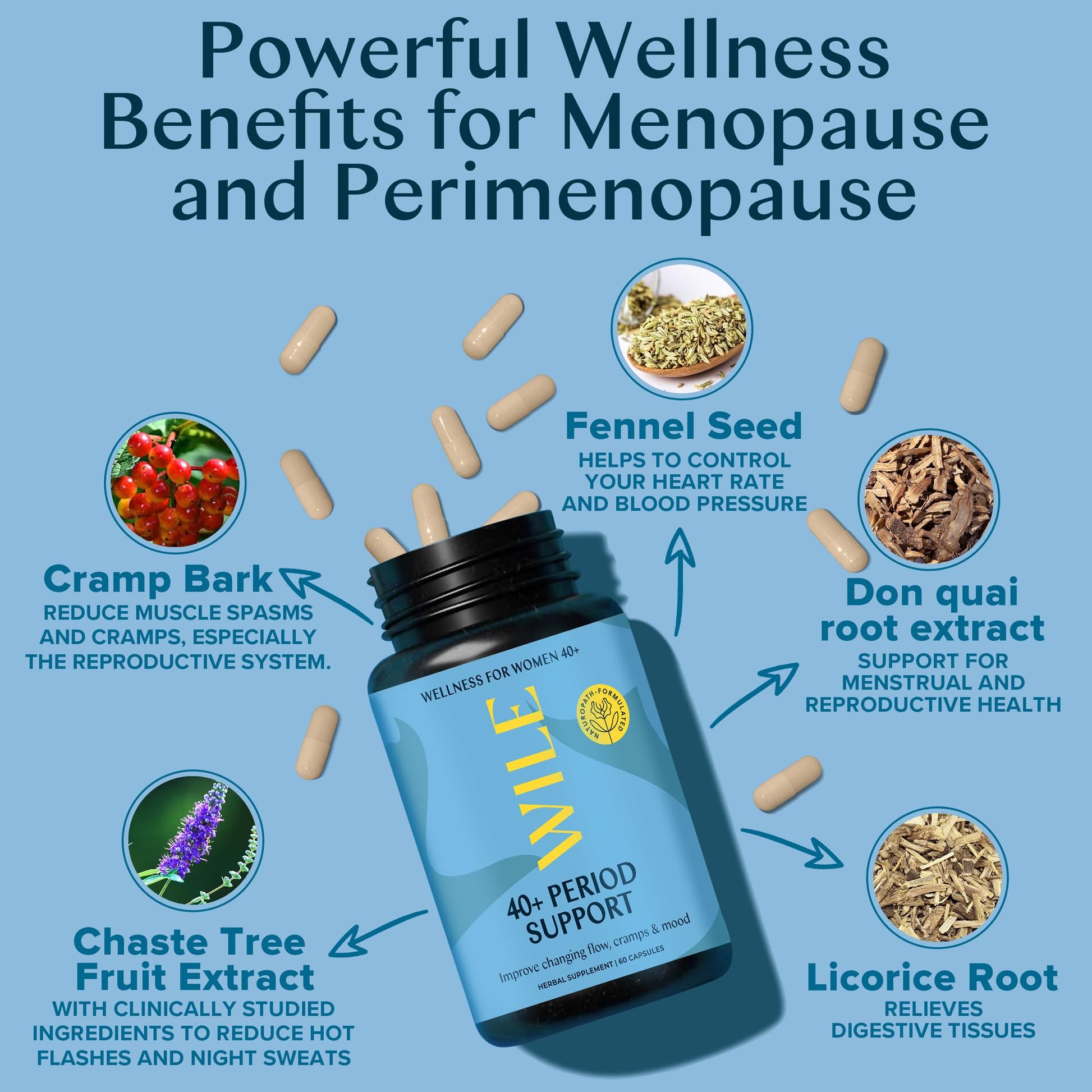 WILE Menopause and Perimenopause Supplements for Women - Menstrual Cramp, PMS and Heavy Period Relief with Dong Quai - Premenopausal Support for Hormone Balance & Improved Mood, Vegan, 30 Servings WILE buy supplements canada