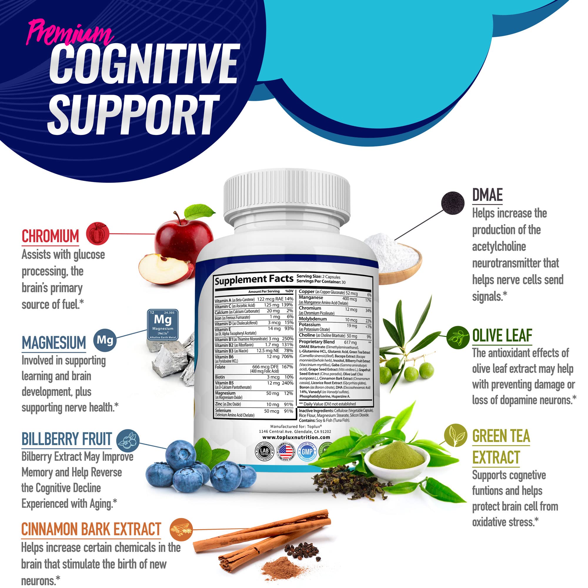 Toplux Brain Supplement Nootropic – Brain Pills Vitamin with DMAE, Bacopa Monnieri, L-Gutamine, for Men Women, 60 Capsules, Nutrition Toplux buy supplements canada