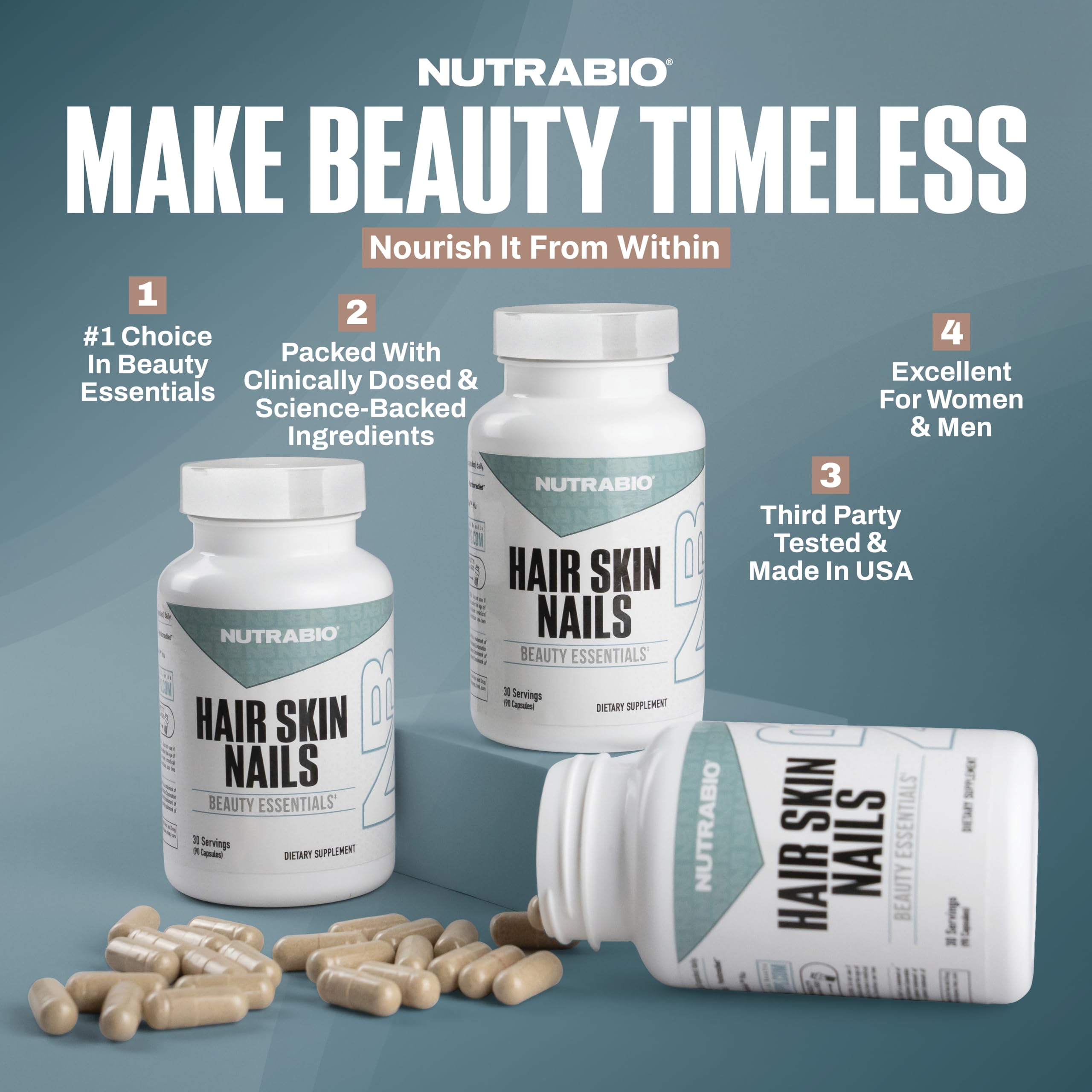 NutraBio Hair Skin Nails Vitamins | Enhanced Collagen Support | Skin Hydration | Hair Growth Vitamins for Women with Biotin, Keratin, Hyaluronic Acid & More - 90 Capsules NutraBio buy supplements canada
