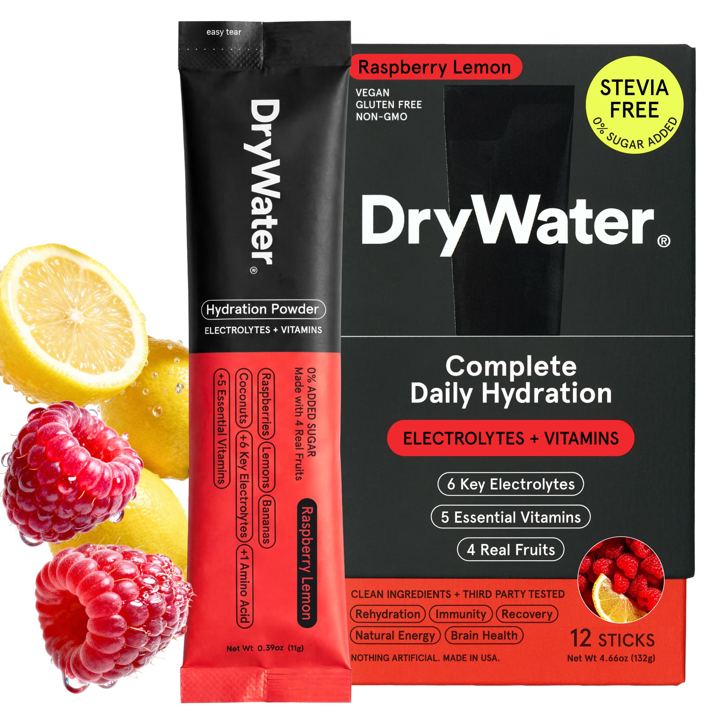 DryWater Electrolyte Powder Packets, Raspberry Lemon - Stevia-Free Hydration Packets Drink Mix with Zero Added Sugar for Rehydration & Energy - 6 Key Electrolytes DryWater buy supplements canada
