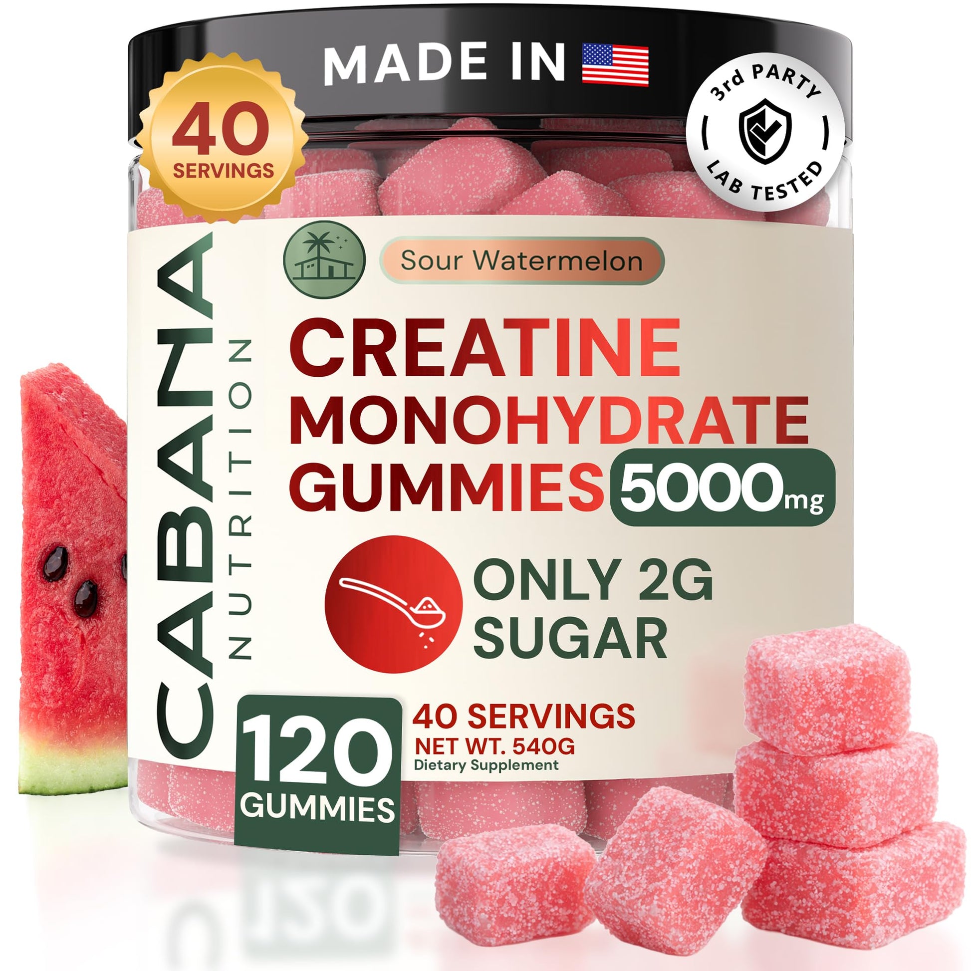Creatine Monohydrate Gummies 5g - Only 2g Sugar, Made in USA - Sour Watermelon Flavor - Vegan & 3rd Party Tested - Pre & Post Workout Supplement for Women and Men (120 Count, 40 Servings) Cabana Nutrition buy supplements canada