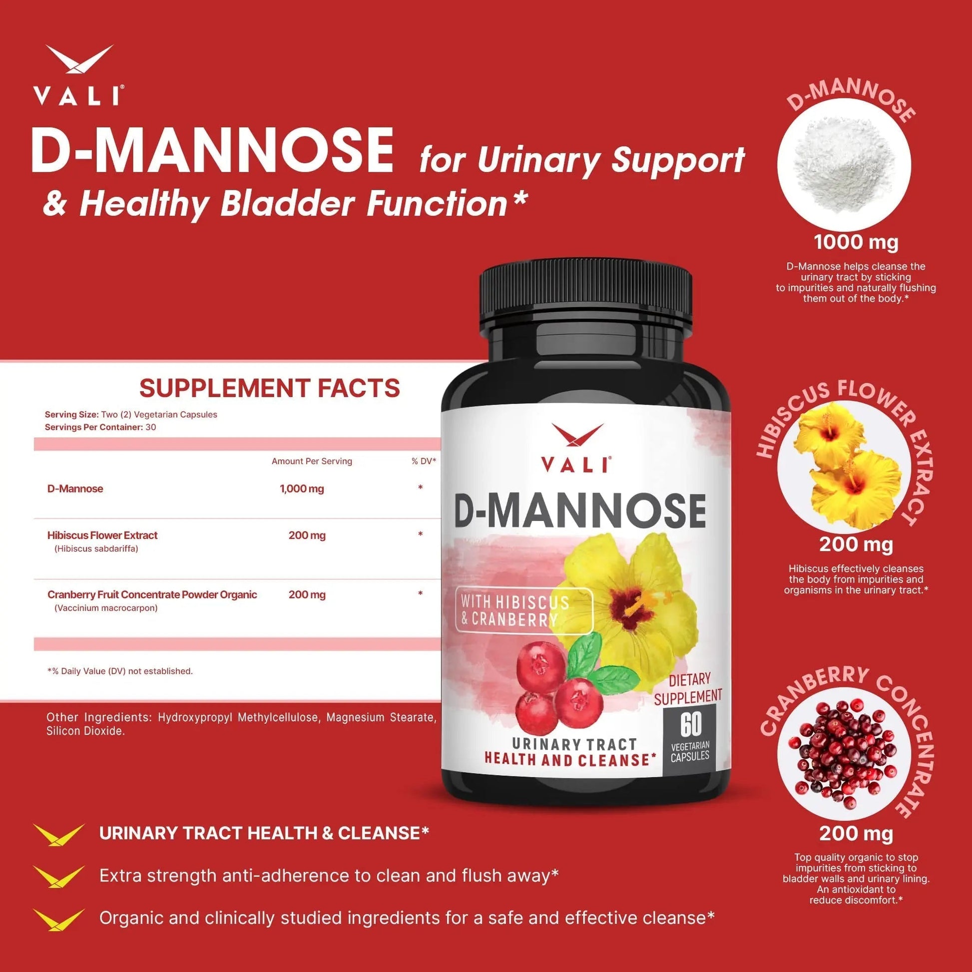 VALI D-Mannose 1000mg Urinary Tract Health Formula. Organic Cranberry Fruit Powder & Hibiscus. Healthy Bladder, Natural Cleanse, Fast Detox Flush, Herbal UT Function Support Pills. 60 Veggie Capsules VALI buy supplements canada