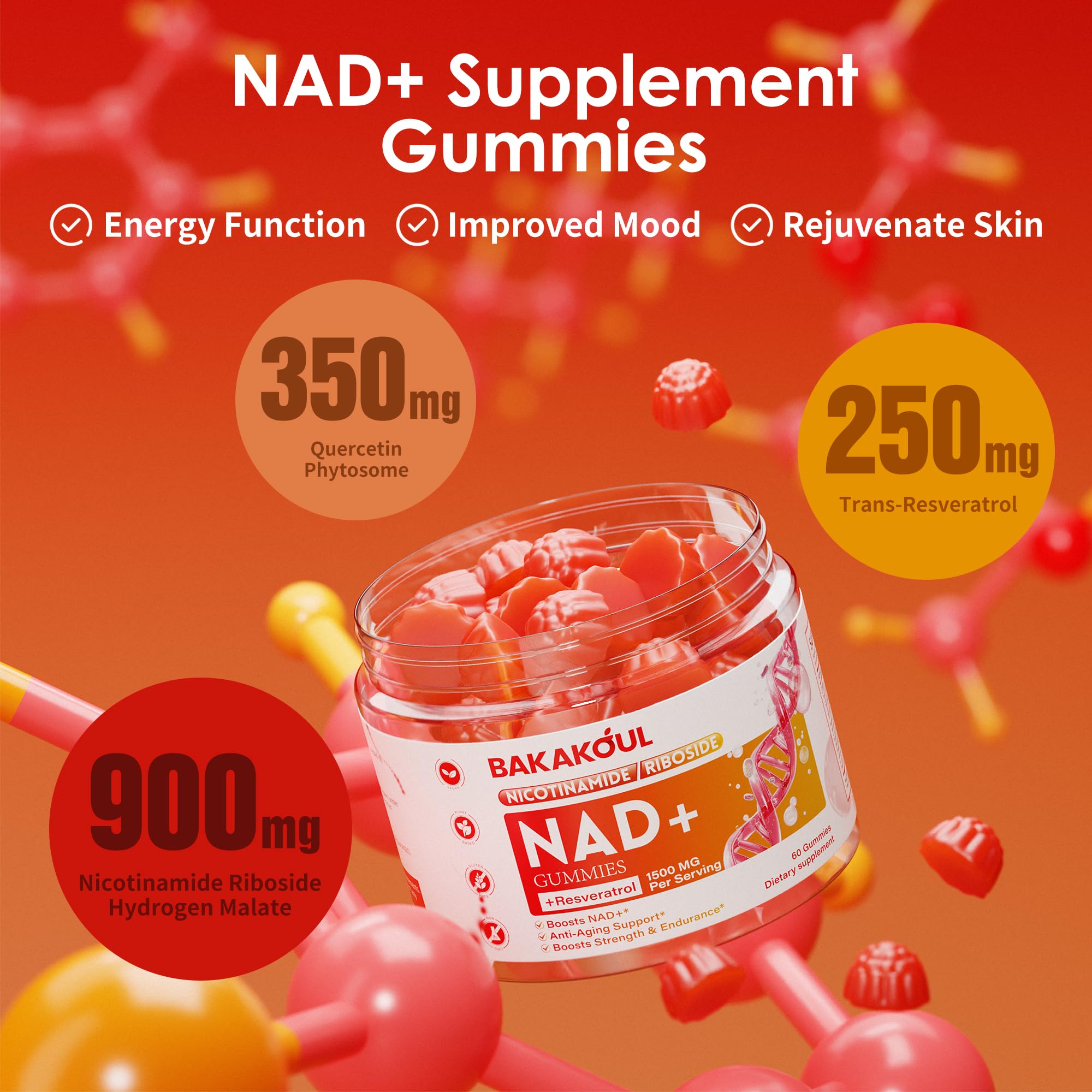 BAKAKOUL NAD Gummies, NAD Supplement - Liposomal Nicotinamide Riboside, Resveratrol, Quercetin, NAD Nicotinamide Riboside Resveratrol 900mg, NAD+ Supplement for Men and Women, 60 Gummies 1 Pack BAKAKOUL buy supplements canada
