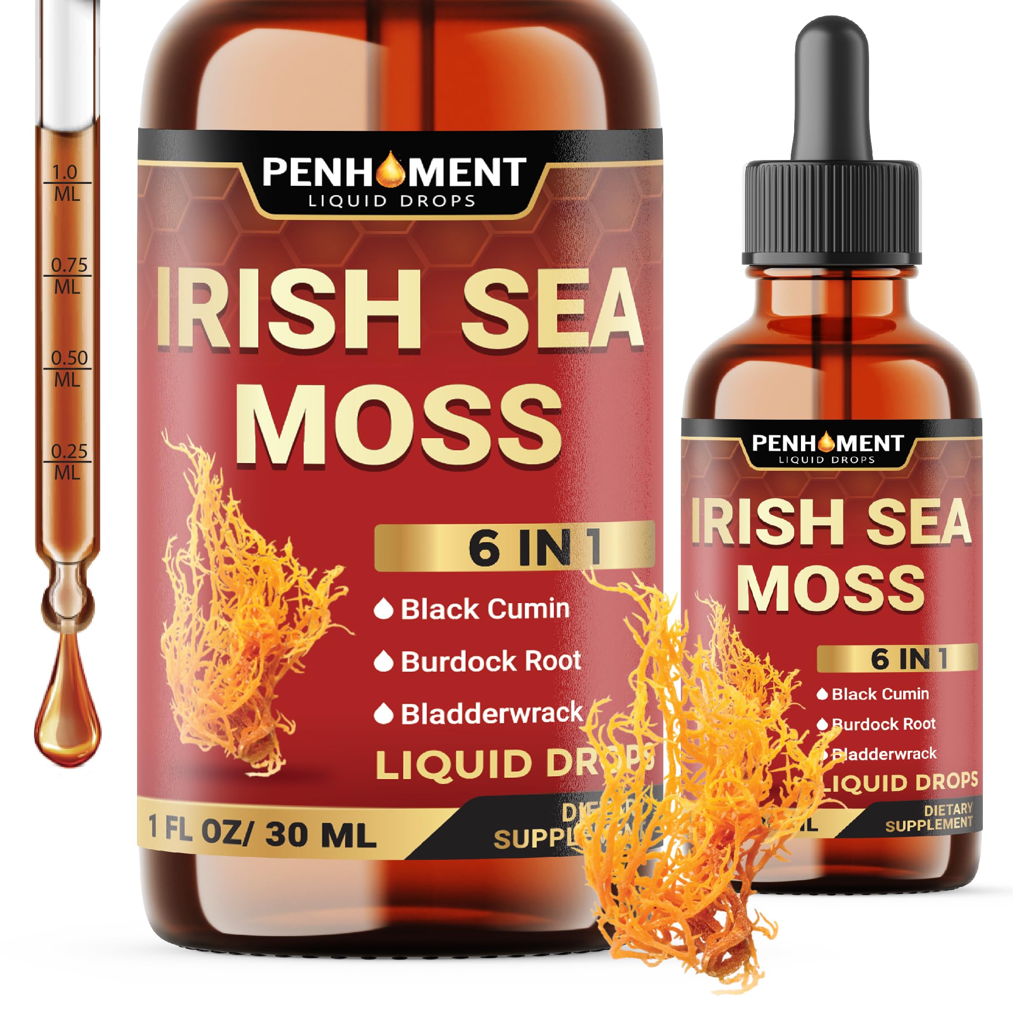 Penhoment 6in1 Sea Moss Drops with Black Seed Oil Irish Seamoss, Ashwagandha, Burdock Root & Bladderwrack - 1FL Oz - 30 Day Supply Penhoment buy supplements canada