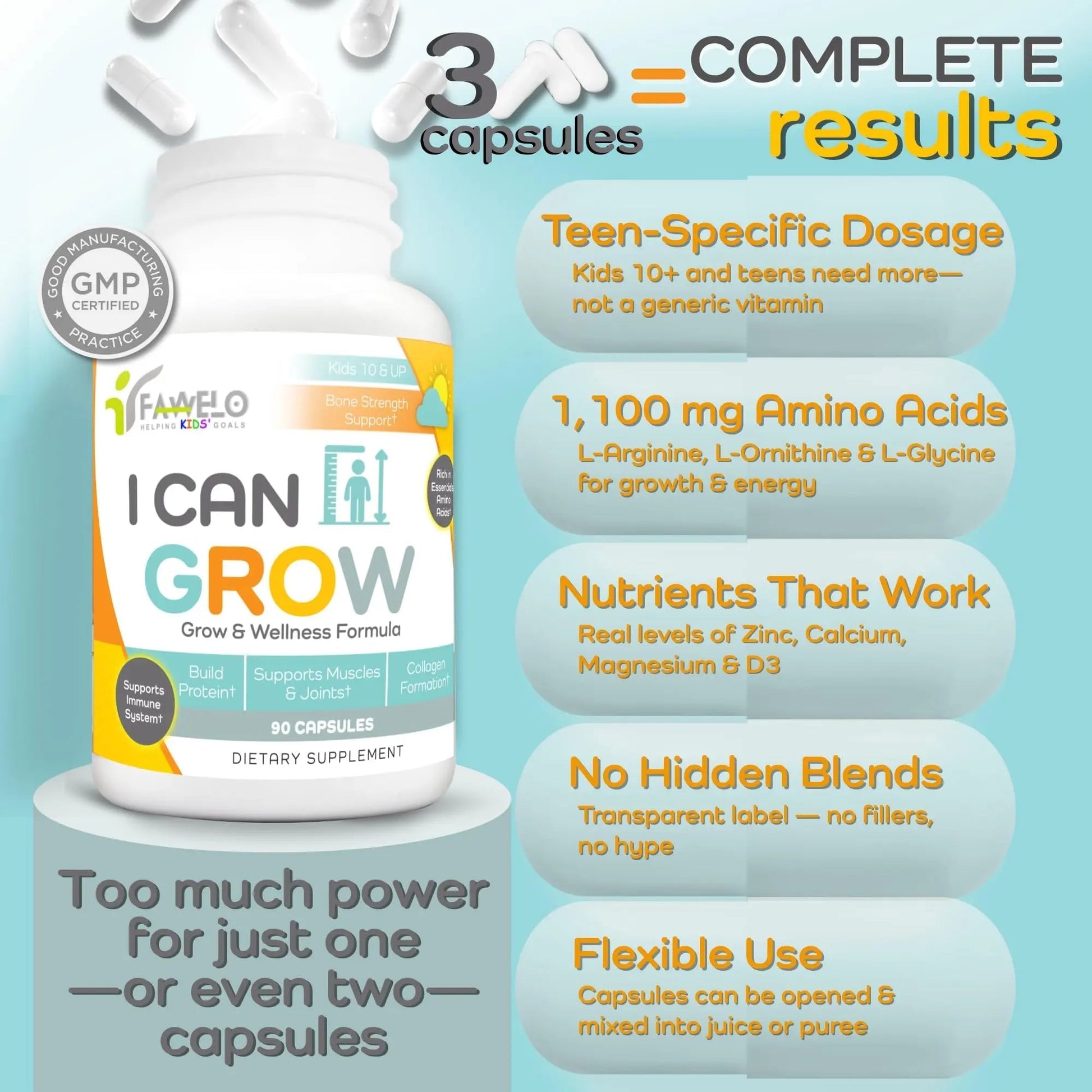 Fawelo I Can Grow Day-Time for Kids 10+ & Teens | Growth & Development Support with L-Arginine, Colostrum, Calcium, D3, Magnesium, Zinc | Fawelo buy supplements canada