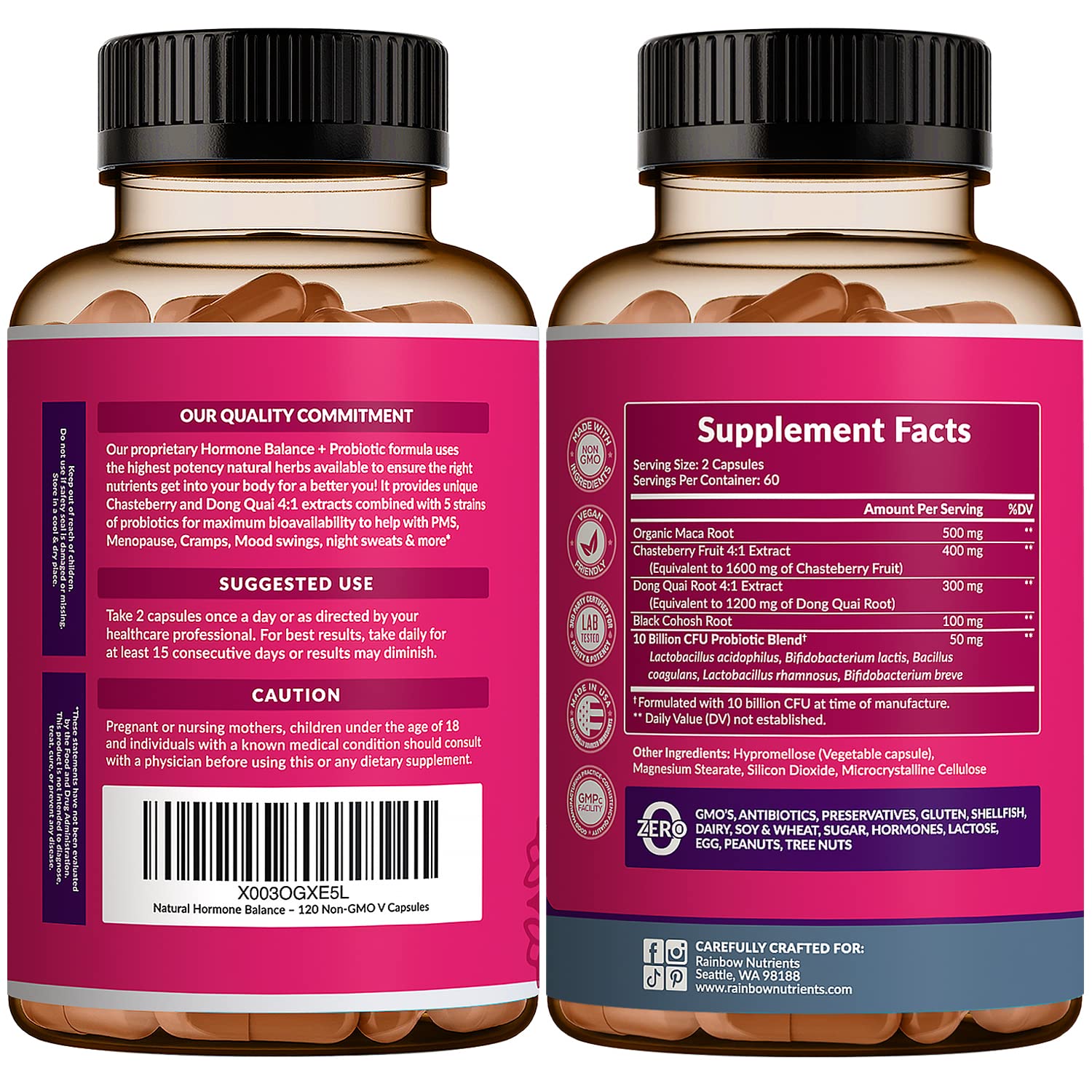 Hormone Balance + Probiotics for Women- Natural Menopause Relief, Weight Management, Bloating, Hot Flashes, PMS | Organic Maca, Chasteberry, Dong Quai & Black Cohosh | Non GMO |120 V Capsules Rainbow Nutrients, LLC buy supplements canada