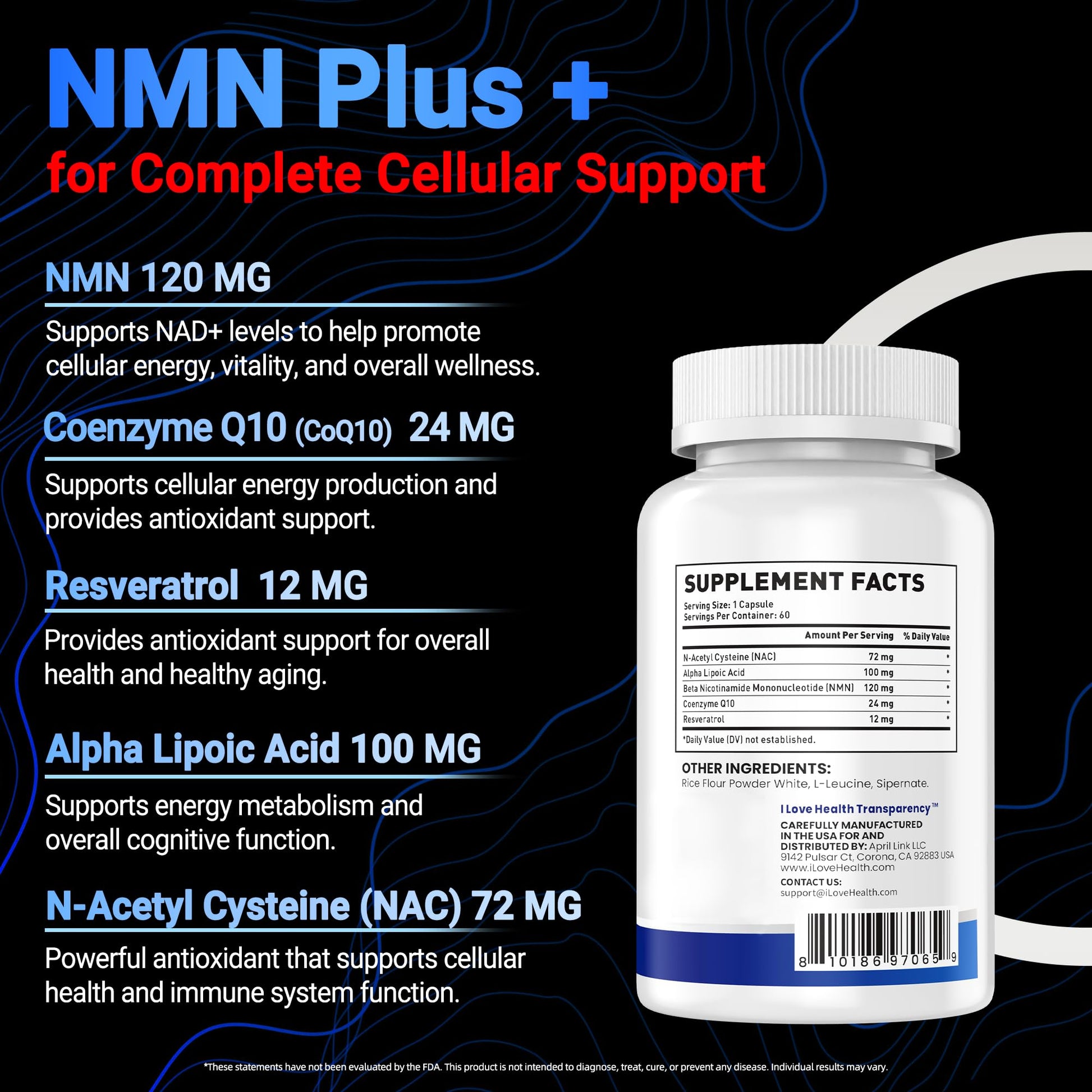 I LOVE HEALTH NMN Supplement, 5-in-1 Complex with NAC, Alpha Lipoic Acid, CoQ10 & Resveratrol - High Absorption Anti Aging Formula - Third Party Tested, cGMP, Gluten Free - 60 Capsules I LOVE HEALTH buy supplements canada
