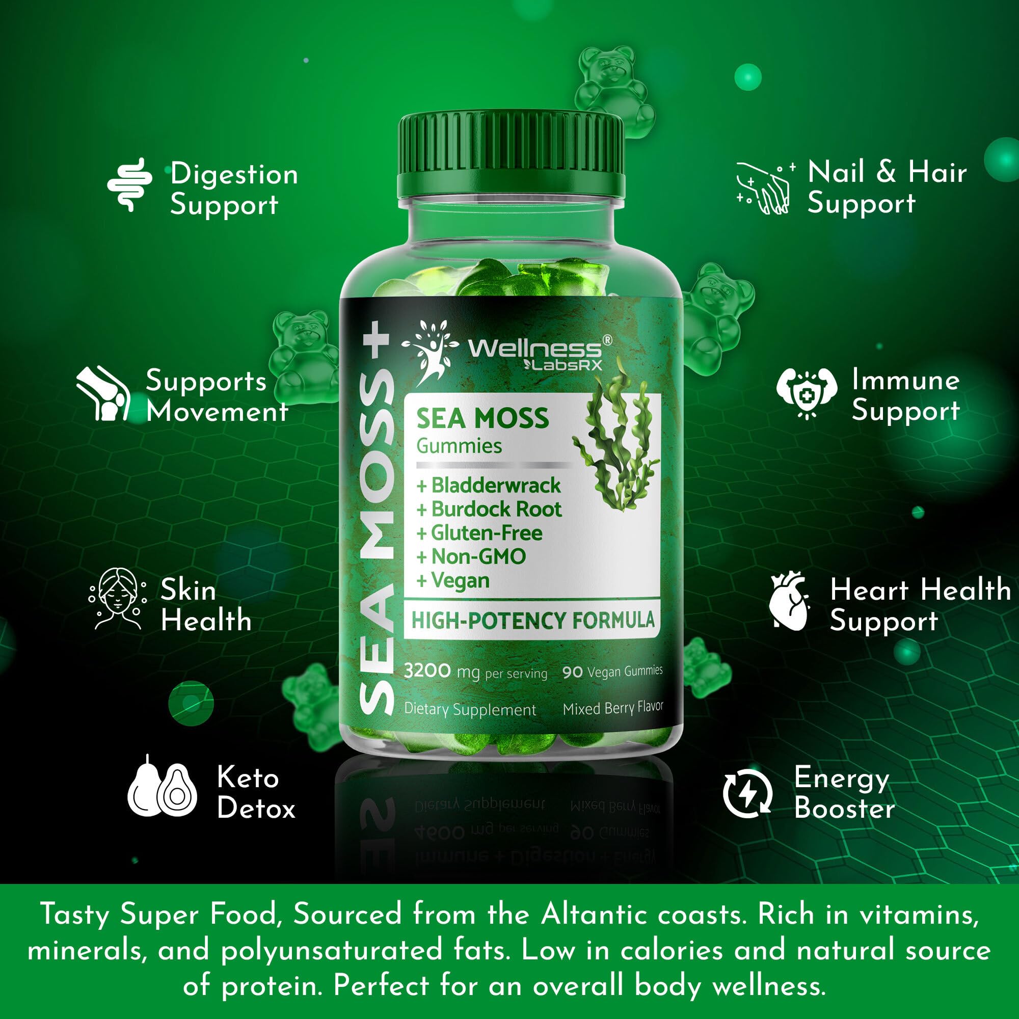 WELLNESS LABSRX Sea Moss Gummies, 3200mg Irish Sea Moss Mixed Berry Flavor with Maximum Potency Bladderwrack and Burdock Root - Supports Skin, Energy and Immunity - 90 Count WELLNESS LABSRX buy supplements canada