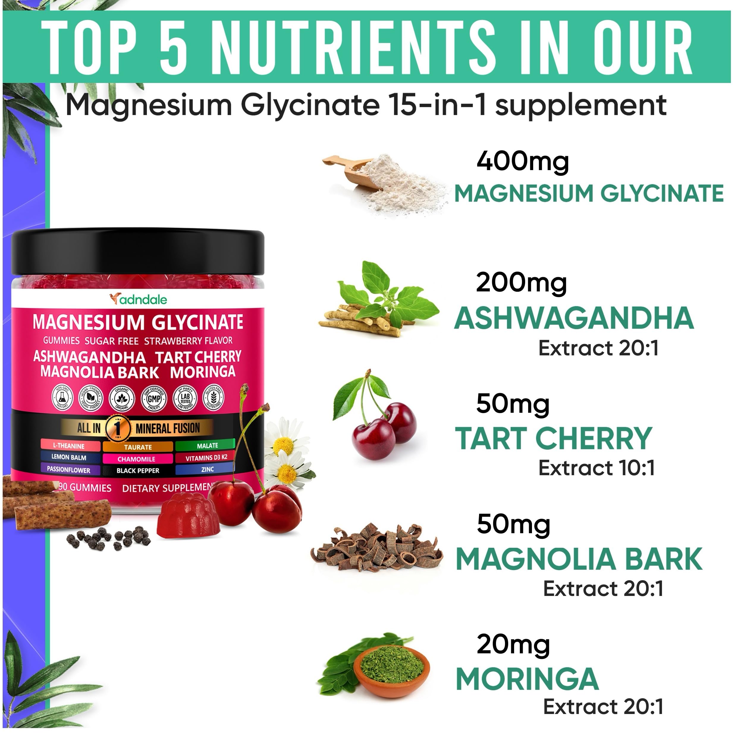Adndale Magnesium Glycinate 400 mg Gummies with Ashwagandha, Magnesium Malate & Taurate, Tart Cherry, Magnolia Bark, Lemon Balm, Passionflower Adndale buy supplements canada
