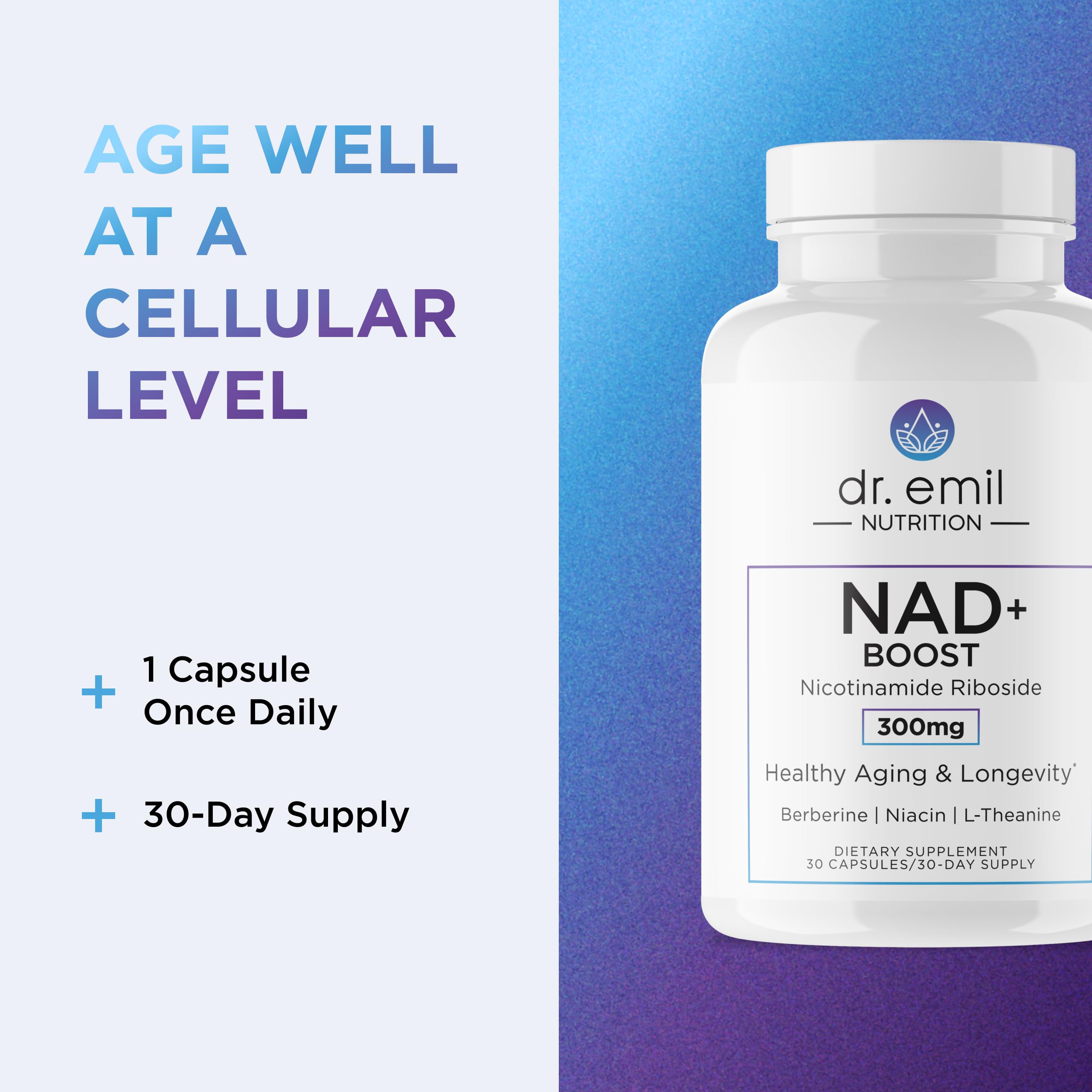 DR. EMIL NUTRITION NAD+ Boost - Nicotinamide Riboside Supplement for Longevity, Healthy Aging & Cellular Regeneration - NAD Supplement with with Berberine, L-Theanine & Niacin - 30-Day Supply DR. EMIL NUTRITION buy supplements canada