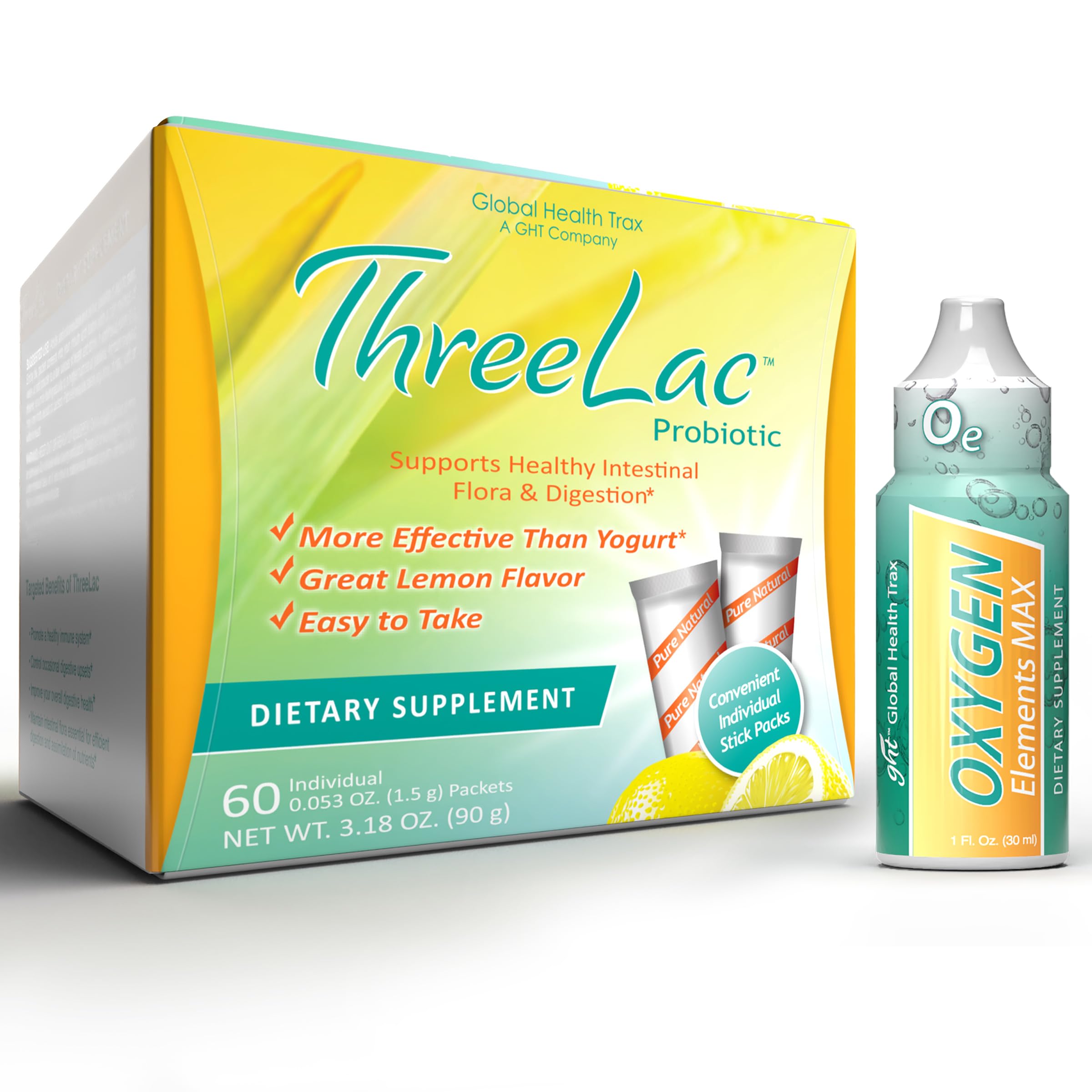 Global Health Trax Ultimate Gut & Oxygen Duo: ThreeLac Lemon Probiotic Powder (60 Packets) & Oxygen Elements Max Drops (1oz) - Digestive Support & Cellular Vitality ght Global Health Trax buy supplements canada