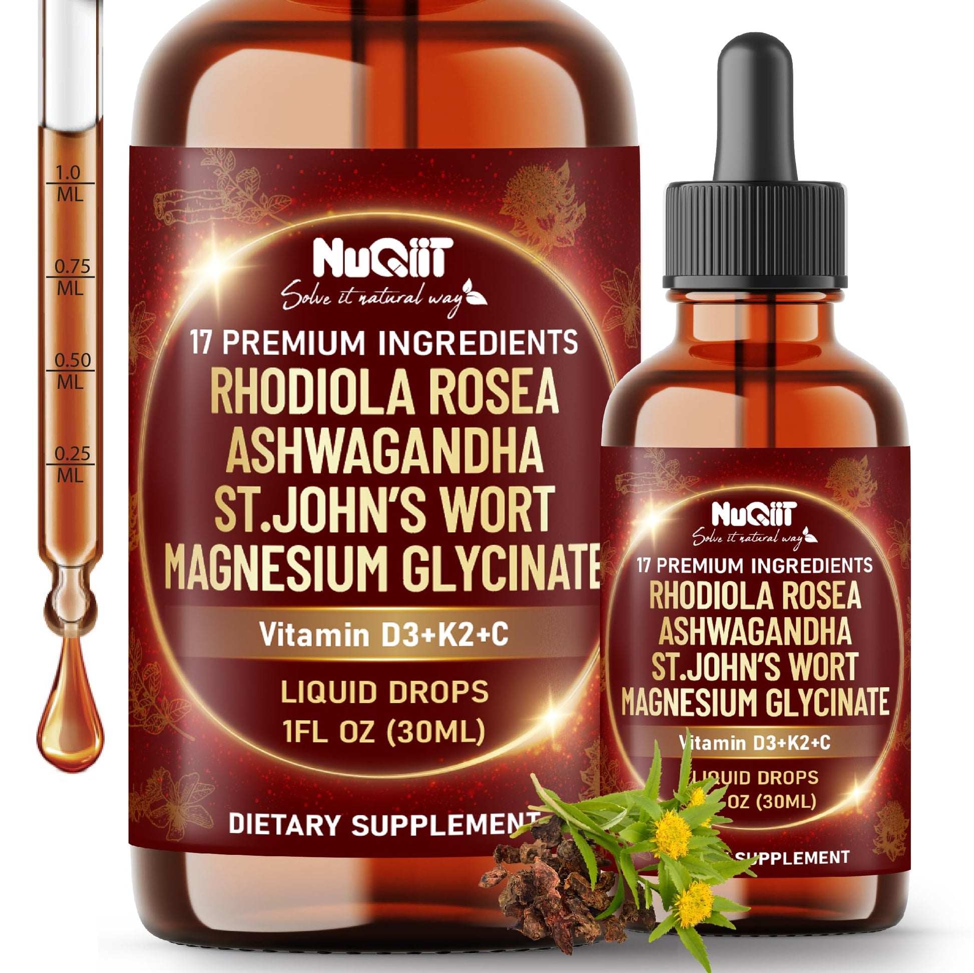 NUQIIT 17in1 Rhodiola Rosea Liquid Drops Tincture w/Ashwagandha Magnesium, L-Theanine. Ultra Rhodiola Cortisol Supplement, Rhodiola Root for Mood, Energy - 1 FL Oz - 60 Day Supply NUQIIT buy supplements canada