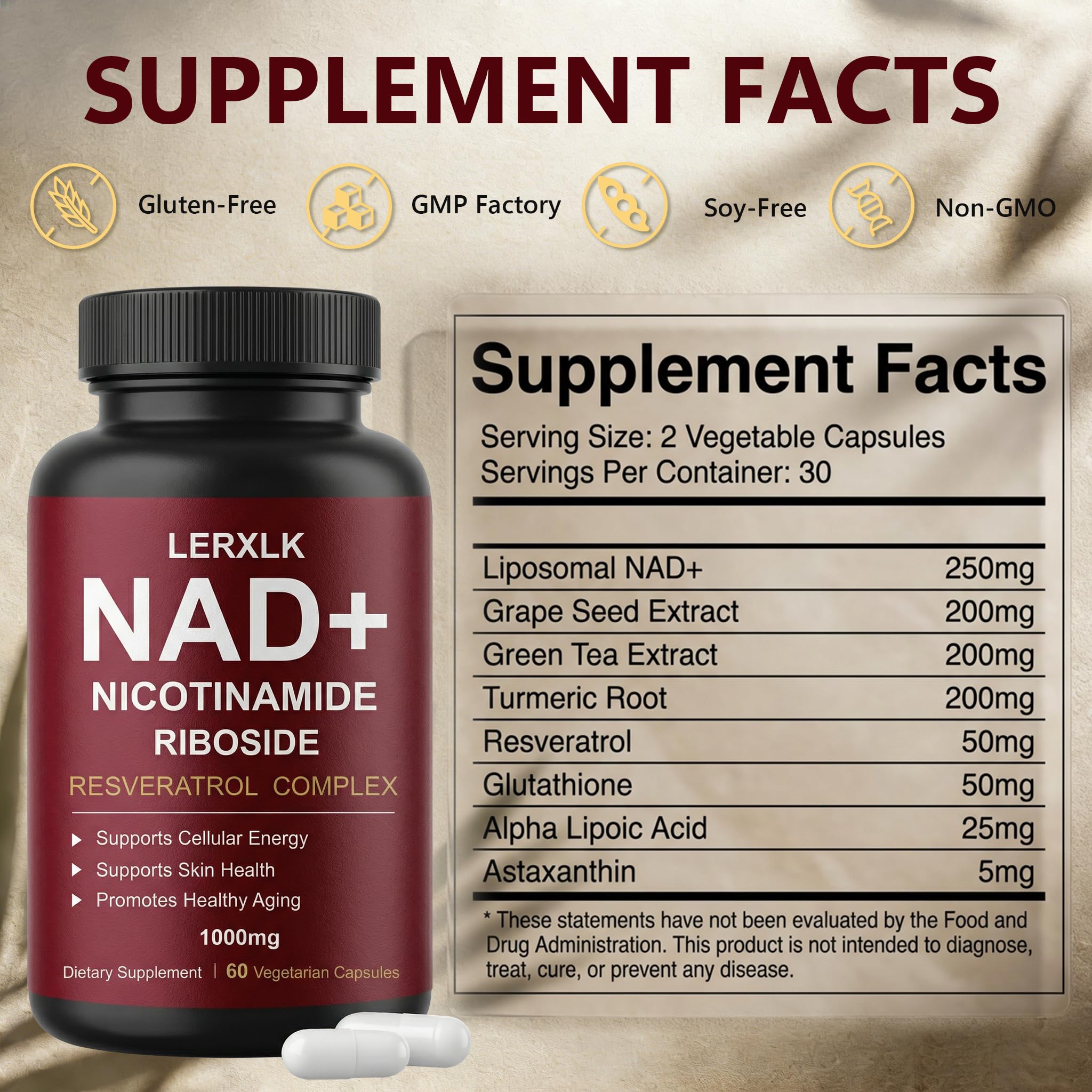 LERXLK NAD+ Supplement 1000mg – Liposomal Nicotinamide Riboside with Resveratrol, Advanced Cellular Energy & Healthy Aging Support, 60 Vegetarian Capsules LERXLK buy supplements canada