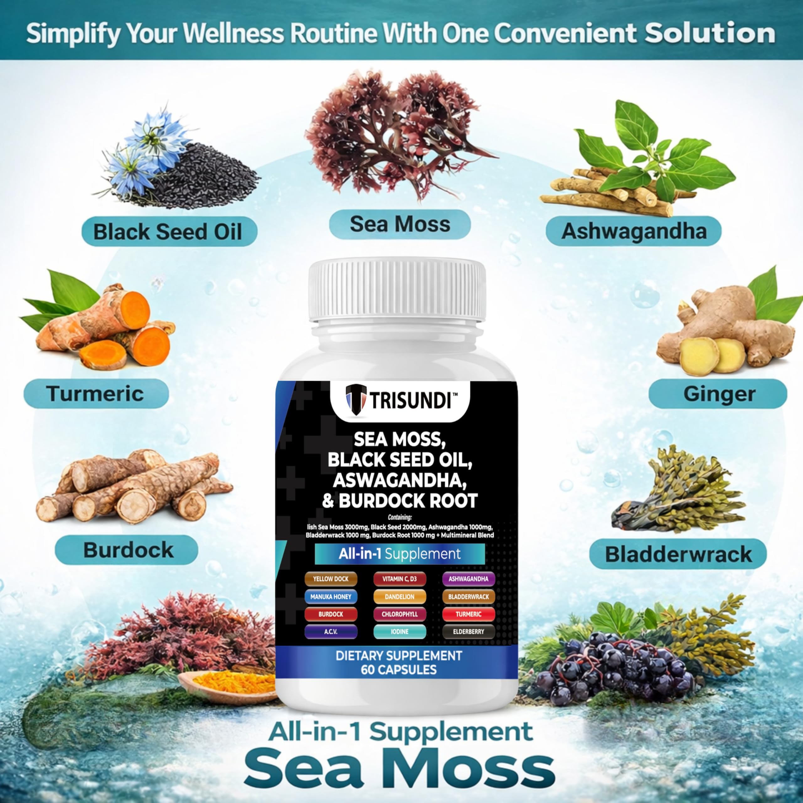 Trisundi Sea Moss Complex with Black Seed Oil, Ashwagandha & Burdock Root – All-in-One Herbal Supplement with Vitamins & Minerals – 60 Capsules Trisundi buy supplements canada
