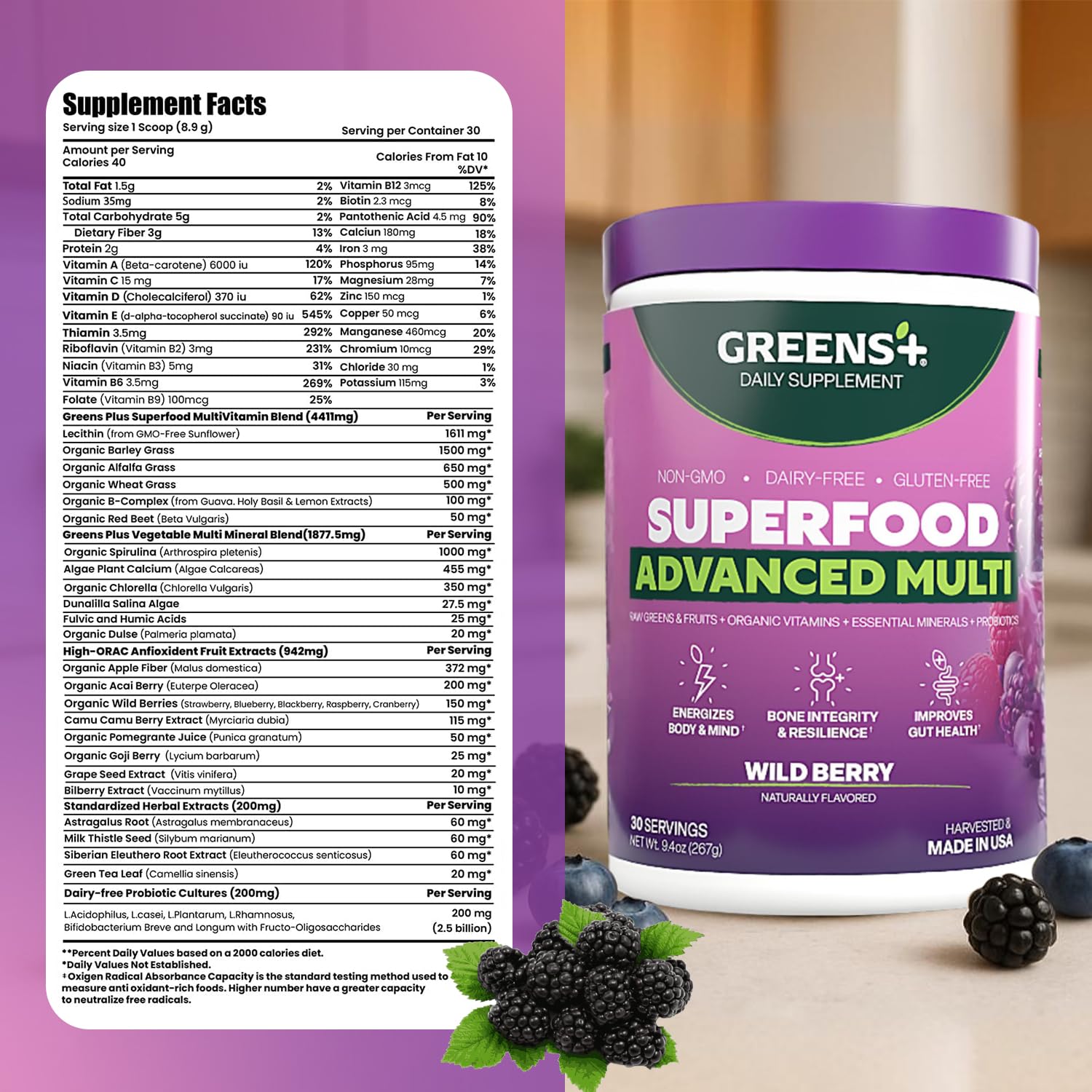 Greens+ Advanced Multi Wild Berry Superfood Powder, Organic Blend, Vegan, Non-GMO, Soy-Free, Dairy-Free, Gluten-Free, Dietary Supplement with Vitamins & Minerals, 9.4 oz Greens+ buy supplements canada