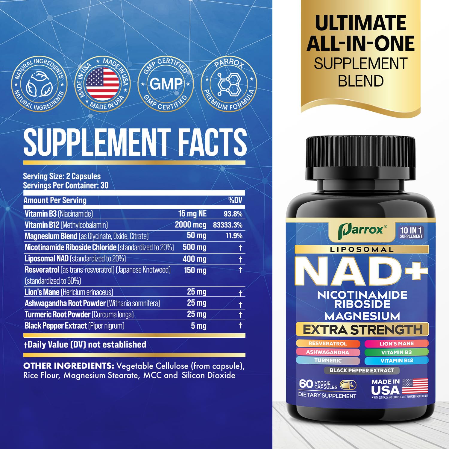 Parrox NAD+ Supplement with Liposomal NAD+, Nicotinamide Riboside, Magnesium, Vitamin B3 & B12, Resveratrol, Turmeric, Ashwagandha, Lion’s Mane,10-in-1 Extra Strength (2 Pack) Parrox buy supplements canada