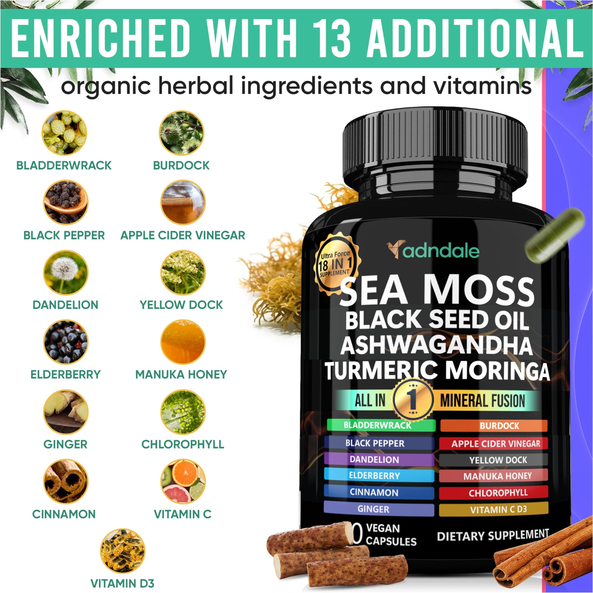 Adndale Sea Moss Capsules - Sea Moss Blend with Ashwagandha, Turmeric & Black Seed Oil - 180 Count Adndale buy supplements canada