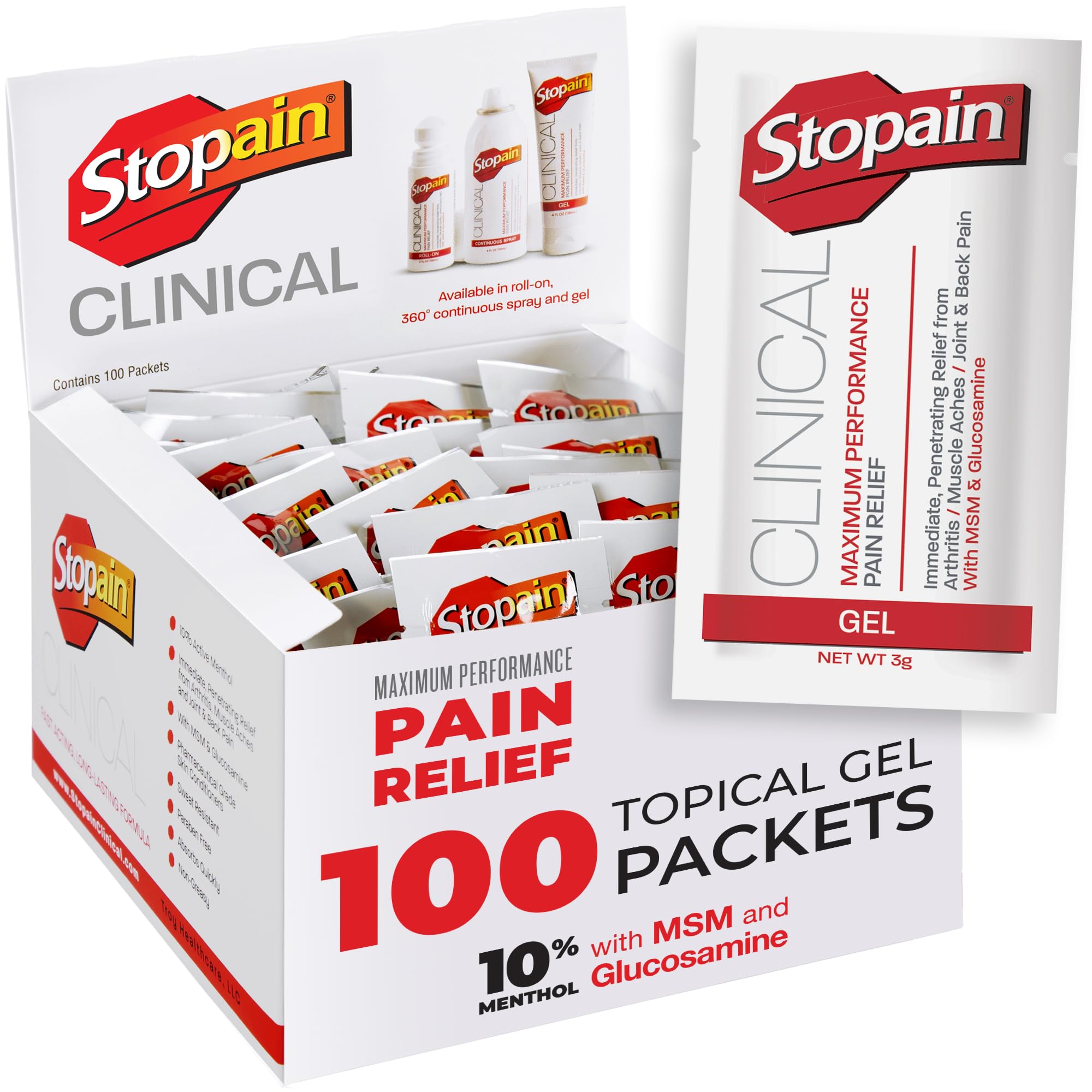 Stopain Pain Relief Clinical Gel Packets, Made in USA, Maximum Performance Pain Relief with 10% Menthol Plus Glucosamine for Muscle Aches, Joint Pain, and Arthritis (100 Pack) Stopain buy supplements canada