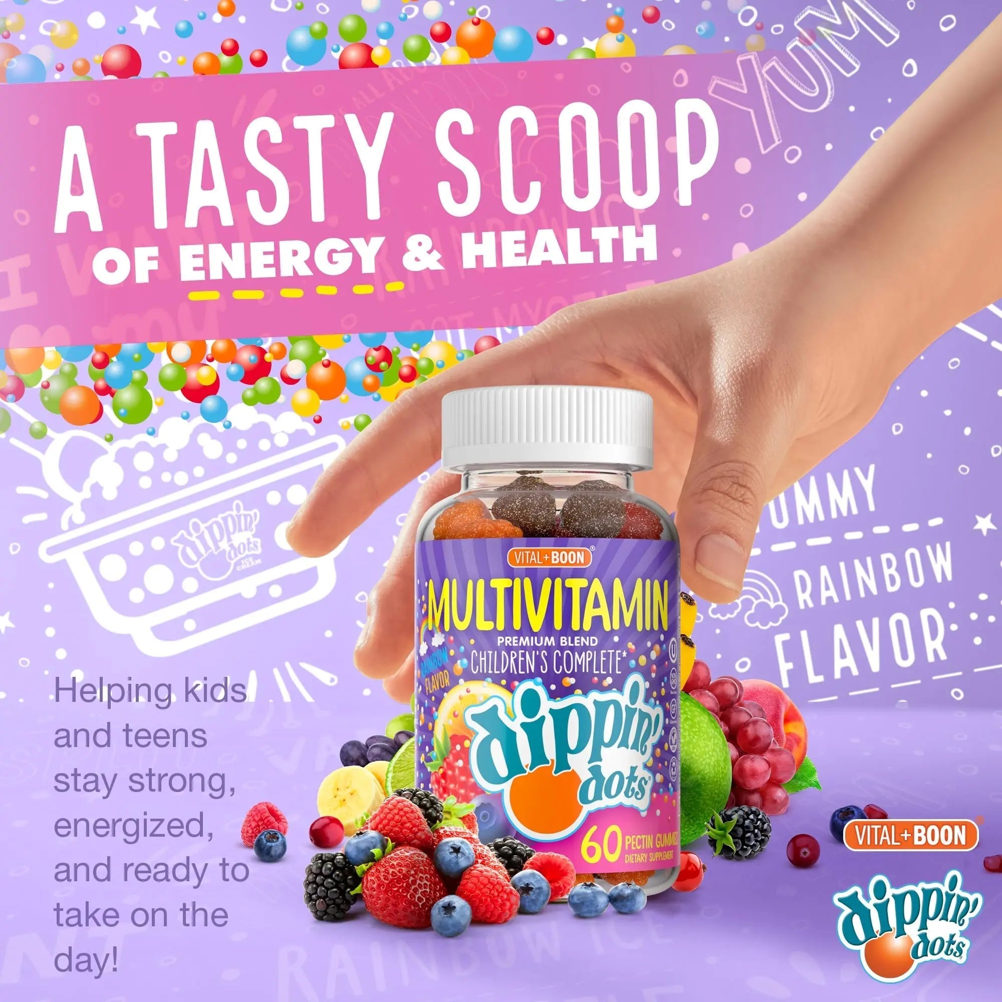Dippin' Dots - Multivitamin Gummies for Kids Rainbow Fruit Flavor Complete Multivitamin Chewy Gummies Vitamin A, B, C, D3, E, B6, Zinc - 60 Count Vital+Boon buy supplements canada