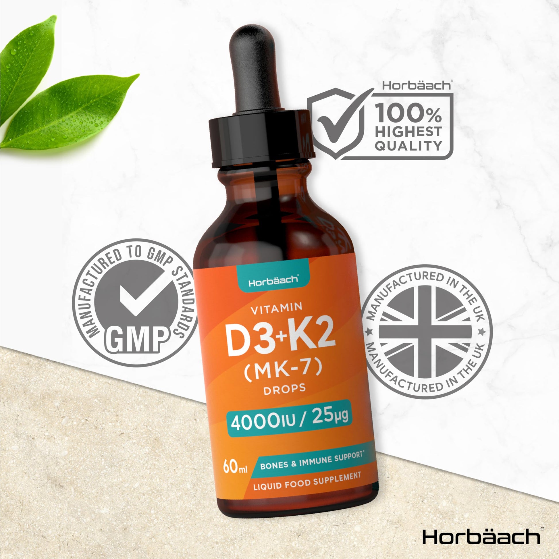 Vitamin D3 K2 Drops | 60mL | High Strength Vitamin D3 4000iu and K2 25ug | No Artificial Horbäach buy supplements canada