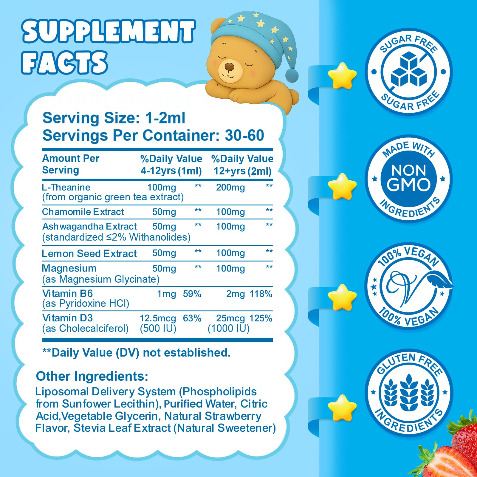 Liposomal L-Theanine Drops for Kids & Adults – Liquid L-Theanine Supplement with Magnesium Glycinate, Ashwagandha, Chamomile, Vitamin B6 & D3 – Supports Calm, Focus & Restful Sleep – Strawberry Flavor CFILIHTC buy supplements canada