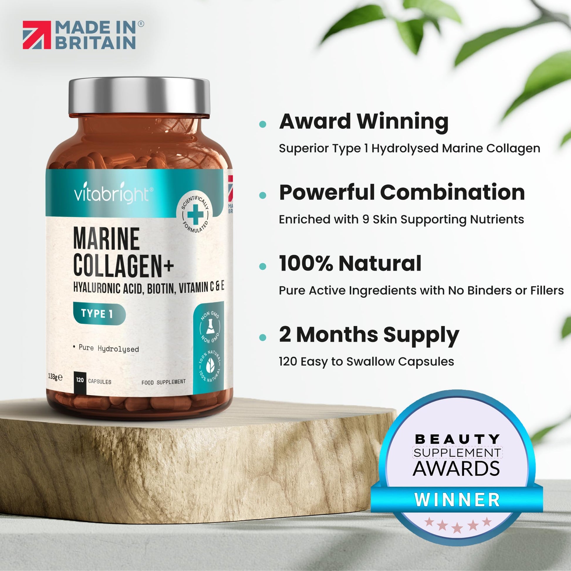 Marine Collagen Capsules 1000mg - 120 Capsules - 9 Powerful Skin Supporting Nutrients VitaBright buy supplements canada