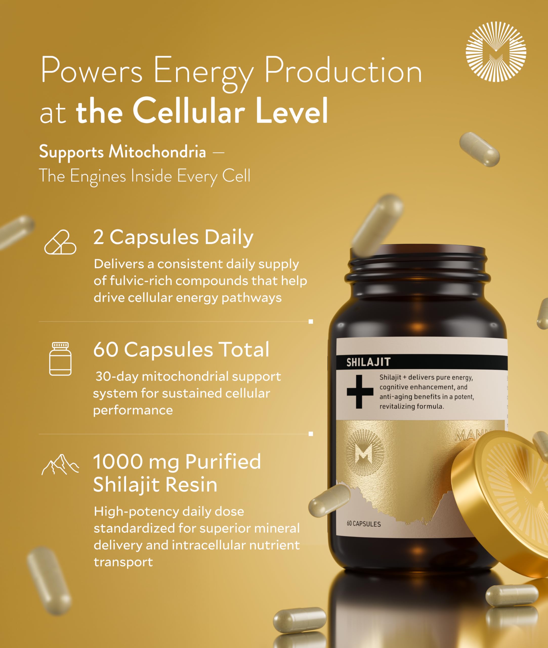 Manna Vitality Shilajit+ Capsules | 1000mg Purified Himalayan Shilajit Resin Supplement | Highest Bioavailability | Energy, Performance, Detox, Vitality, Mental Clarity & Cognitive Support | 60 Count M Manna buy supplements canada