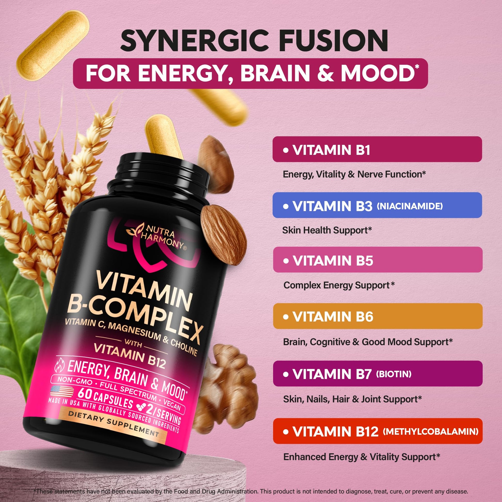 Vitamin B Complex for Men & Women - Riboflavin B2, B12, B1, B3, B5, B6, B7, B8, B9 | Vitamin C, Choline, Inositol - B-Complex Supplement - Energy, Brain & Heart Support - Made in USA, 60 Vegan Caps NUTRAHARMONY buy supplements canada