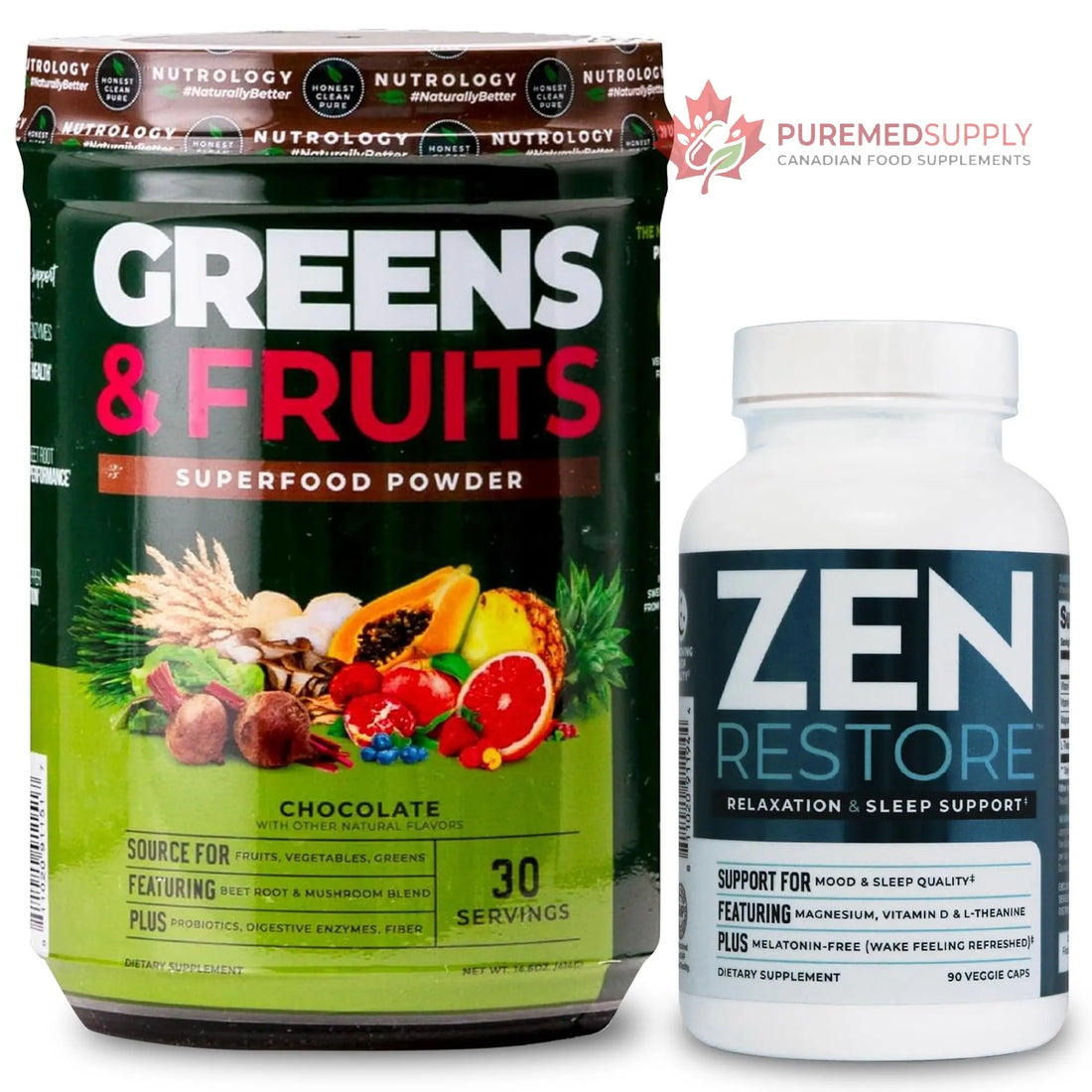 Nutrology Greens & Fruits Powder-Naturally Sourced Superfood, Chocolate (30 Servings) Zen Natural Magnesium Supplement (30 Servings) Nutrology buy supplements canada