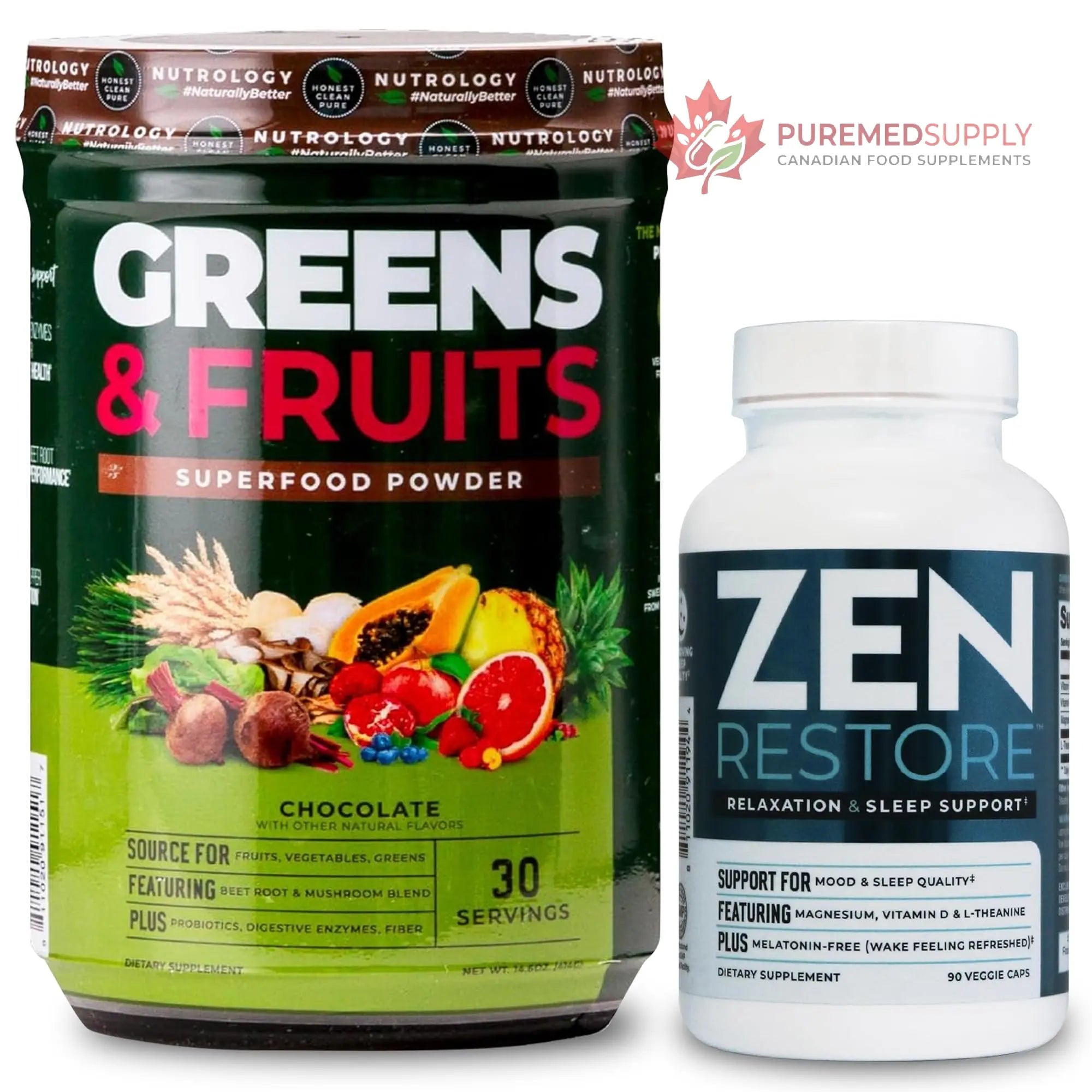 Nutrology Greens & Fruits Powder-Naturally Sourced Superfood, Chocolate (30 Servings) Zen Natural Magnesium Supplement (30 Servings) Nutrology buy supplements canada