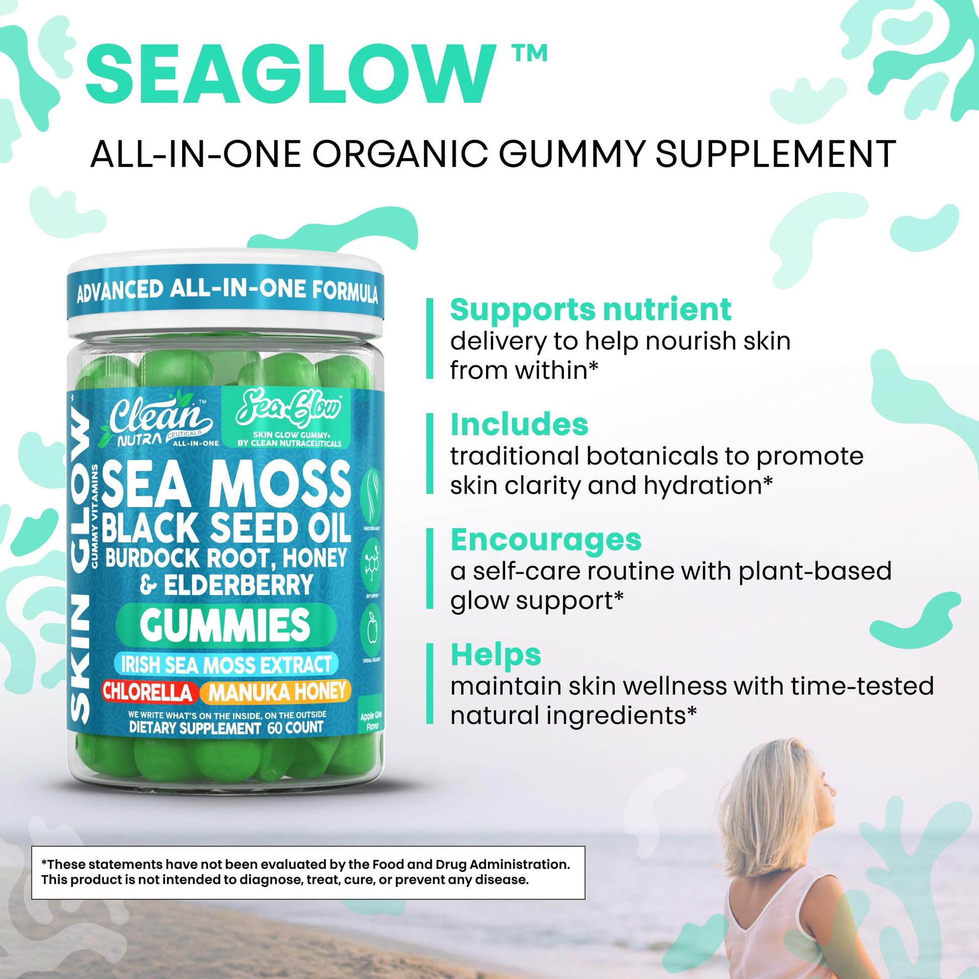 Clean Nutra Sea Moss Gummies Black Seed Oil Chlorella Ashwagandha Root Hair Growth Skin Glow Irish Sea Moss Elderberry Burdock Manuka Honey Trace Minerals Detox 60 Gummy Vitamins Sea Glow Supplement Clean Nutraceuticals buy supplements canada