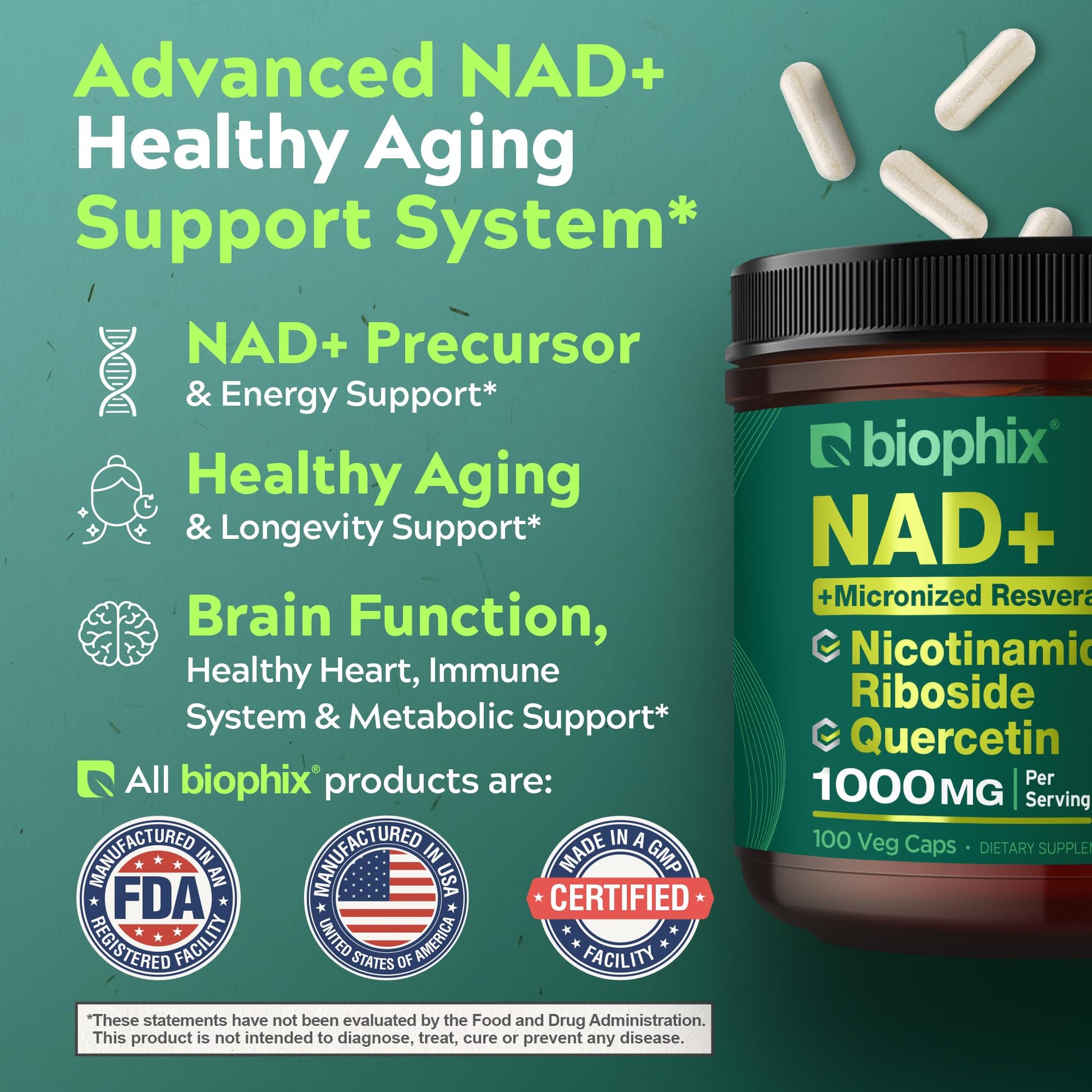biophix NAD+ Liposomal Supplement for Women & Men - 1000 mg per Serving - Nicotinamide Riboside, Micronized Resveratrol & Quercetin Complex - 100 Veg Capsules - Non-GMO, Gluten-Free, cGMP Certified biophix buy supplements canada