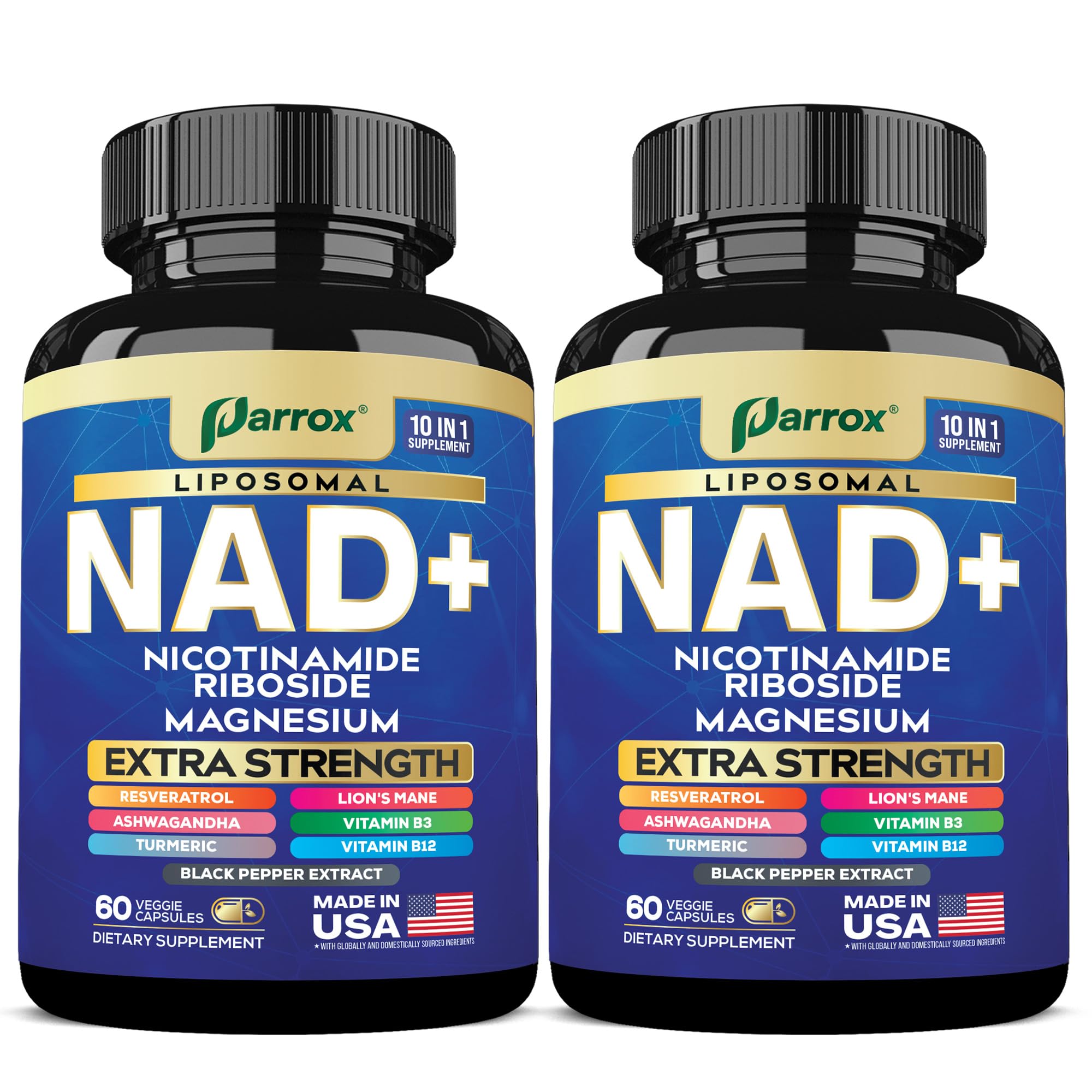 Parrox NAD+ Supplement with Liposomal NAD+, Nicotinamide Riboside, Magnesium, Vitamin B3 & B12, Resveratrol, Turmeric, Ashwagandha, Lion’s Mane,10-in-1 Extra Strength (2 Pack) Parrox buy supplements canada